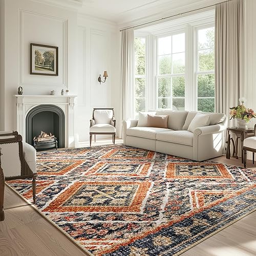 Area Rug 8x10 Rug Machine Washable Non-Slip Low Pile Print Pattern Western Rug for Living Room Bedroom Entryway-Orange/Brown
