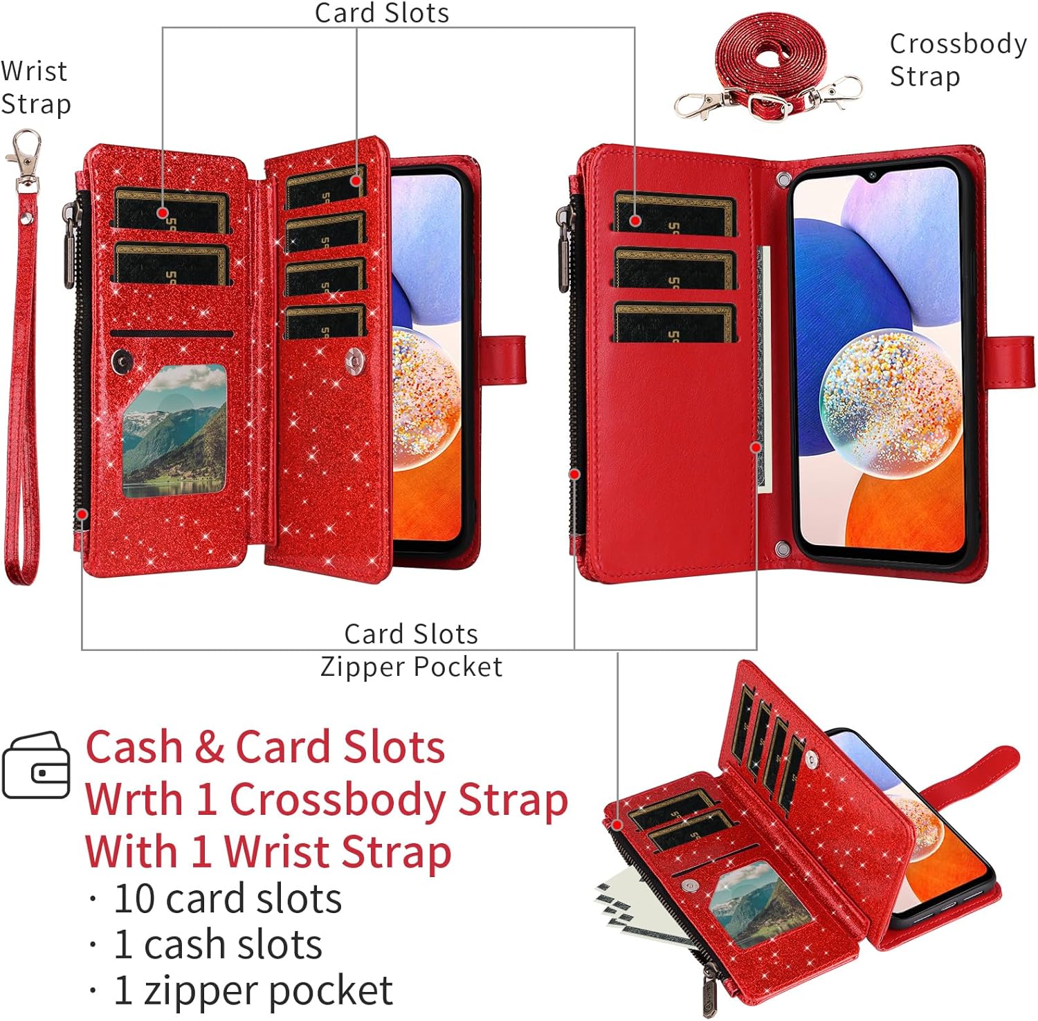 Asuwish Phone Case for Samsung Galaxy A14/M14 5G Wallet Accessories PU Cell Cover with Tempered Glass Screen Protector Strap Bling Glitter Zipper Flip Credit Card Holder A 14 4G 14A 14M G5 Women Red