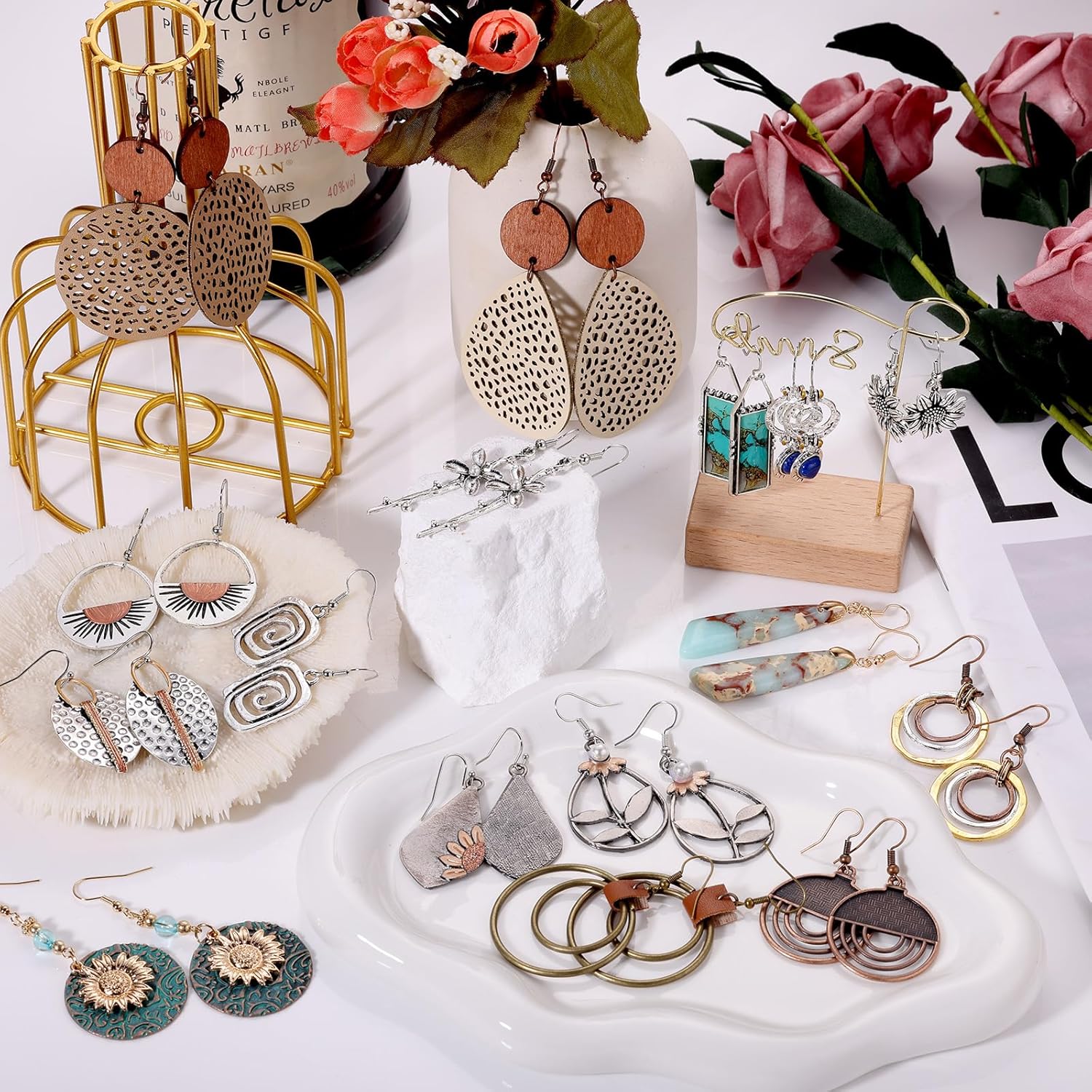 16 Pairs Earrings for Women Trendy, Funtopia Boho Dangle Earrings for Women, Vintage Statement Sunflower Round Geometric Earrings Wooden Leather Earrings - Image 2