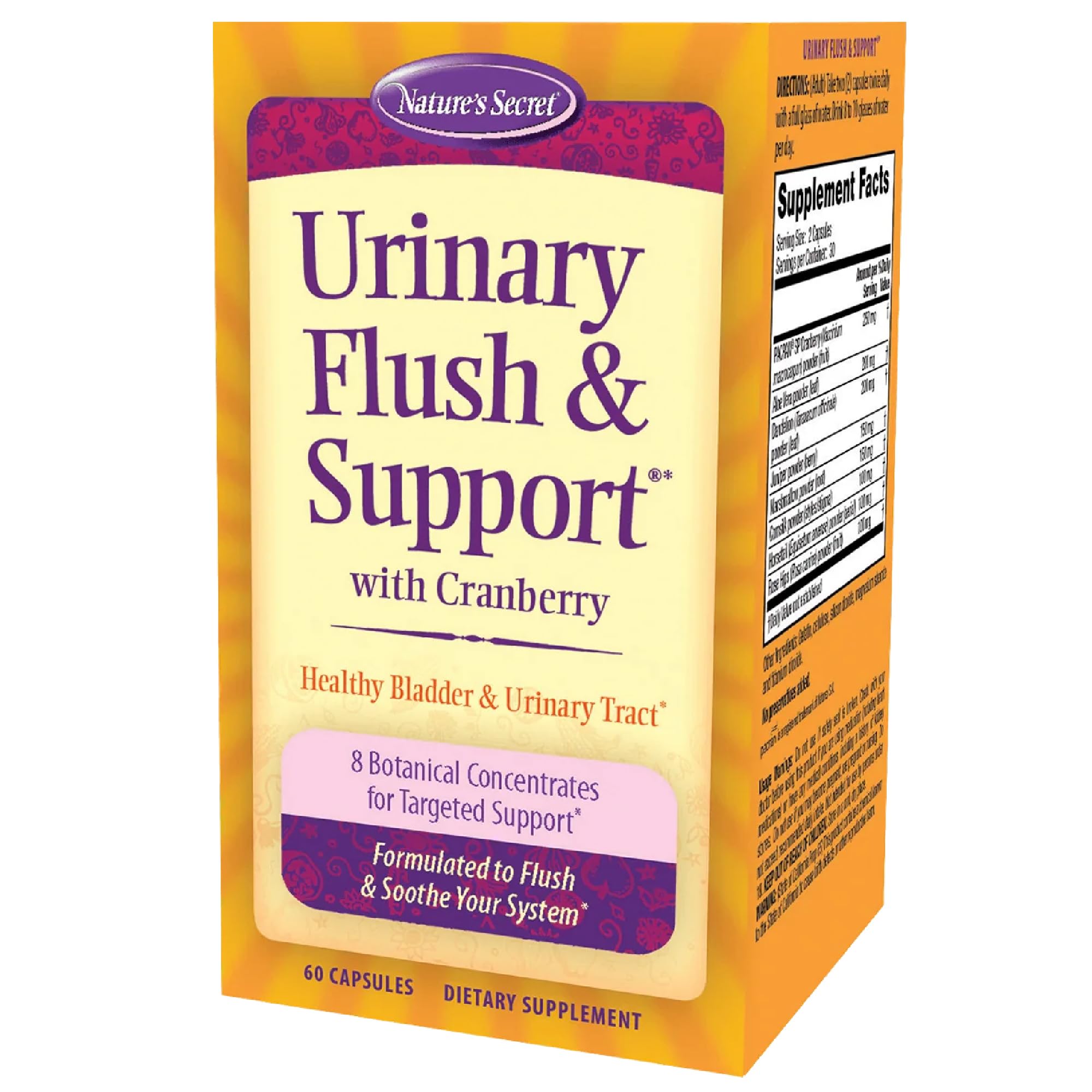 Nature's Secret Urinary Flush & Support with Cranberry Promotes Healthy Bladder & Urinary Tract - 8 Botanical Concentrate Blends to Flush & Soothe - Healthy Elimination & Detoxification - 60 Capsules