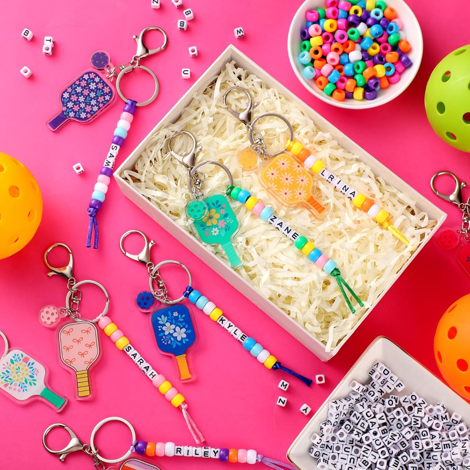Tondiamo 574 Pcs 12 Sets Dinkball Keychain Making Kit for Women DIY Name Bead Keychain Craft Letter Beads Alphabet Jewelry Aesthetic Mini Ornaments for Sports Bag Lover Gifts Team Party Favors