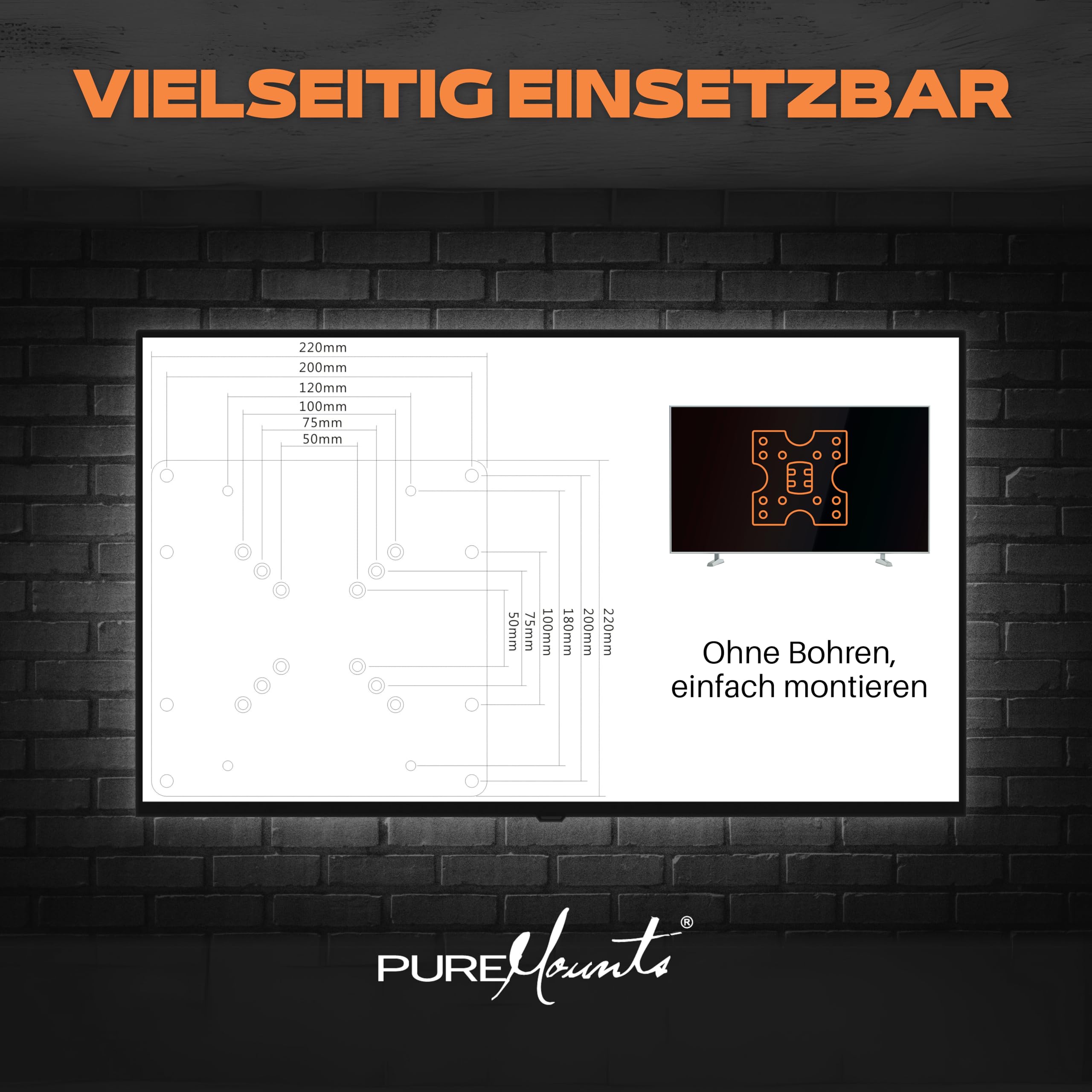 PureMounts Adapt-A Uniwersalna płyta adaptera VESA do poszerzania odległości VESA, powiększa się z VESA 50x50 do 200x200, Max. 30kg, czarny