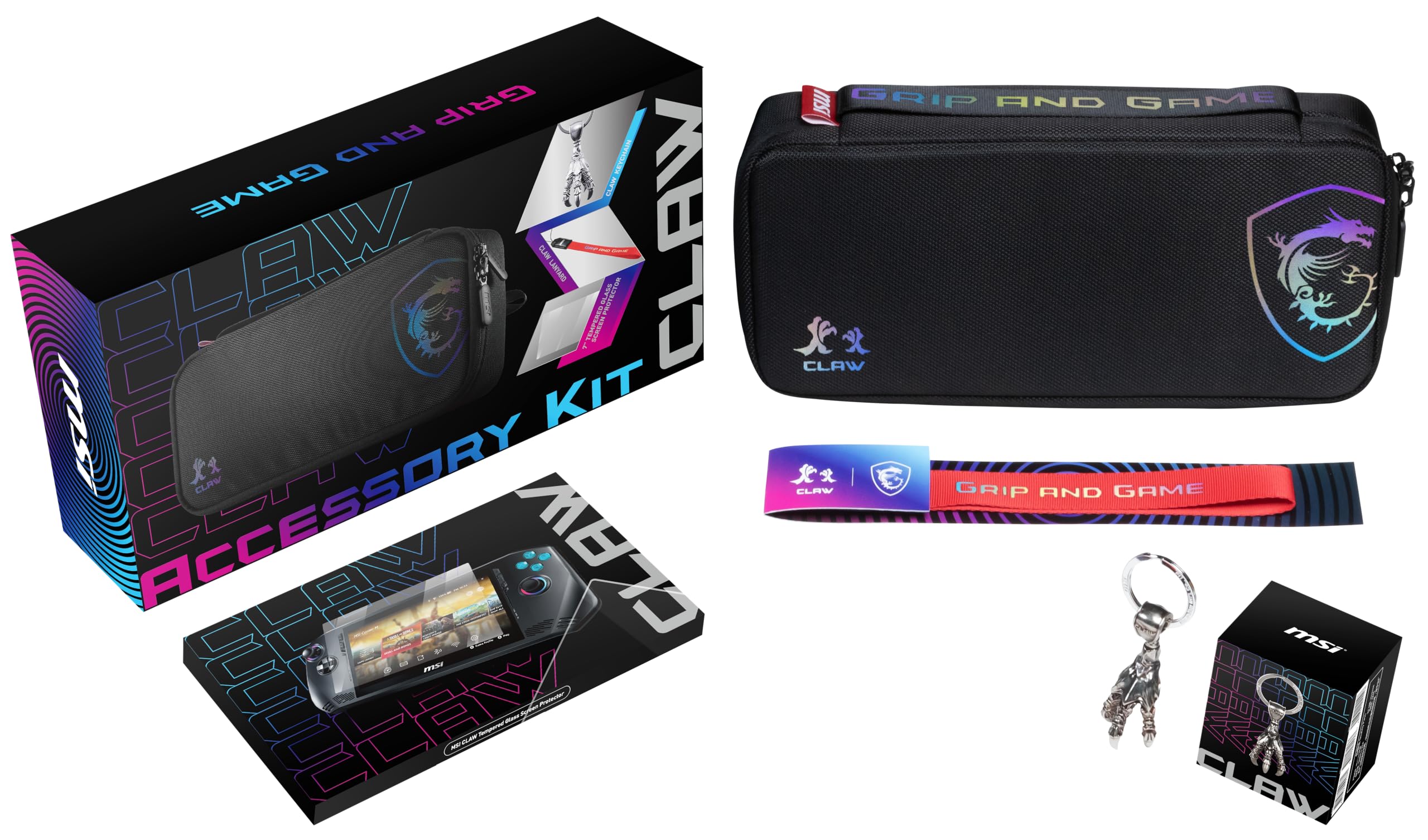 MSI Claw Kit de Accesorios Claw A1M, Funda de Transporte, Protector Cristal Templado, Correa, Llavero, Negro