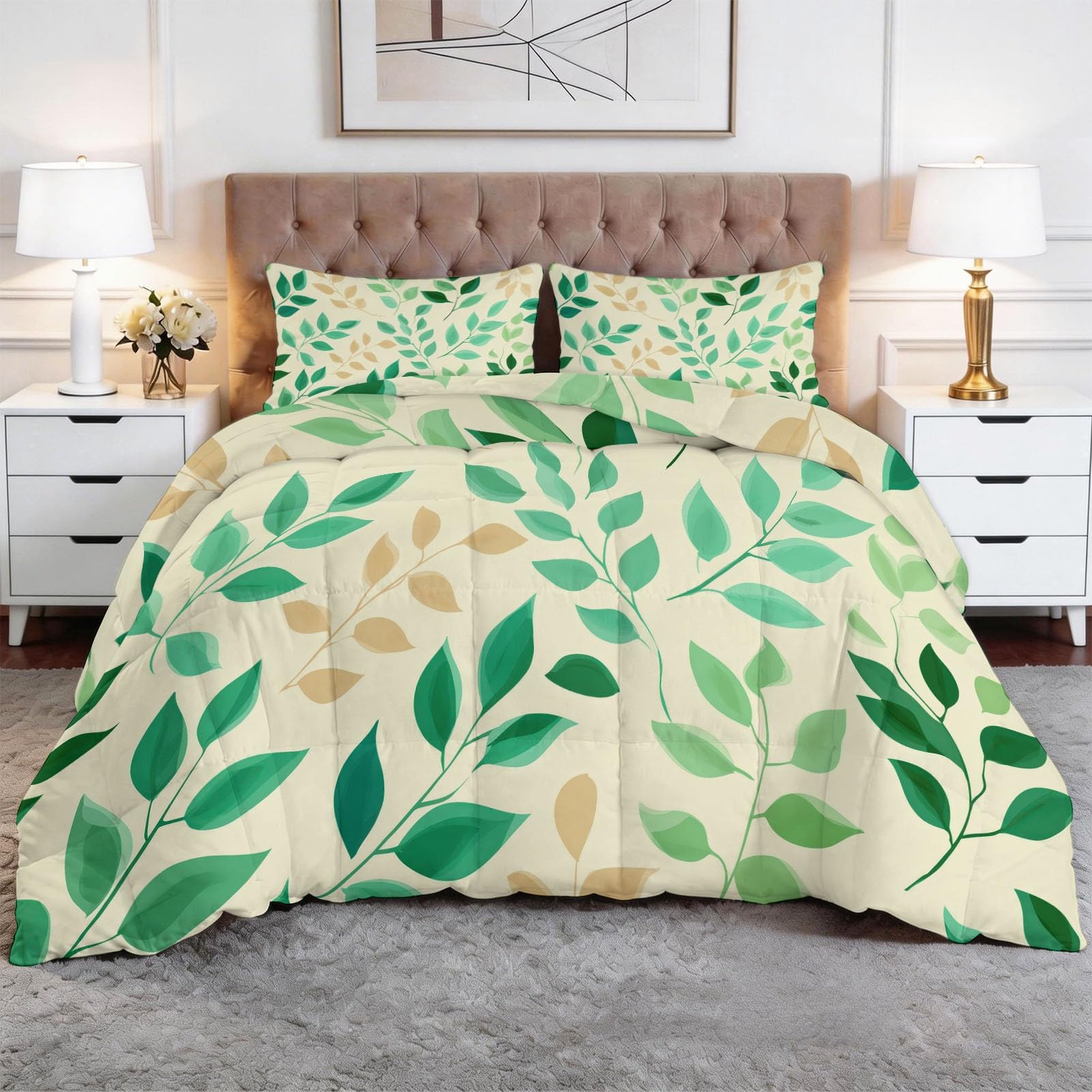 Set Trapunta 3 Pezzi 150x200 cm Foglie verdi e viticci Piumone Letto 4 Stagioni, Trapuntino Anallergico Soffice, Copriletto Trapuntato Moderno per Adulti Bambini