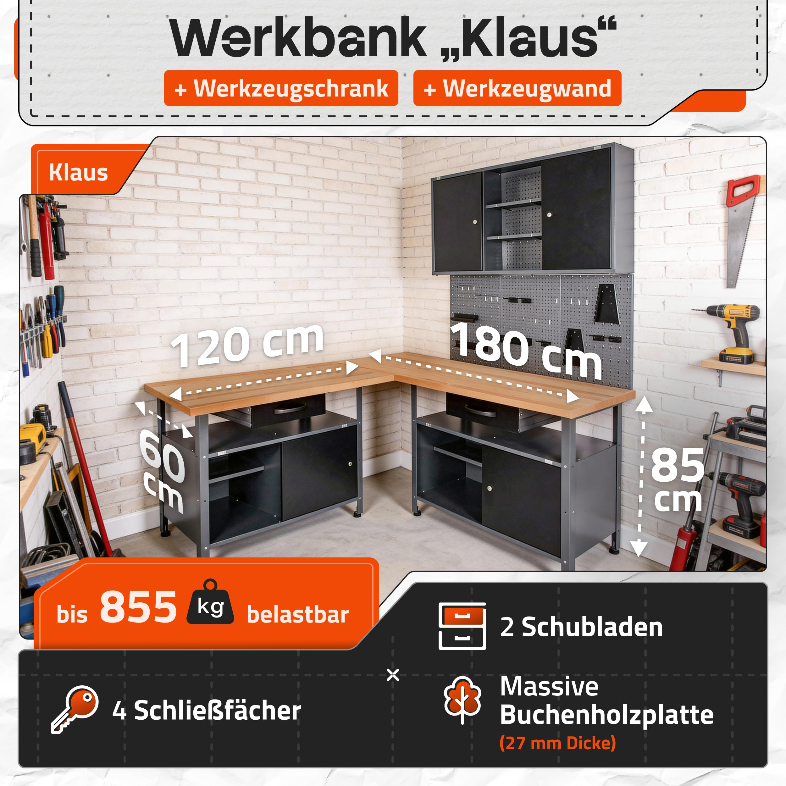 Ondis24 Werkstatt Set Ecklösung Classic One, Werkbank, 120 + 60 cm Buchenholzarbeitsplatte, Werkzeugschrank, Werkzeugwand Lochwand, Haken Set, Metall (Arbeitshöhe 85cm, schwarz)