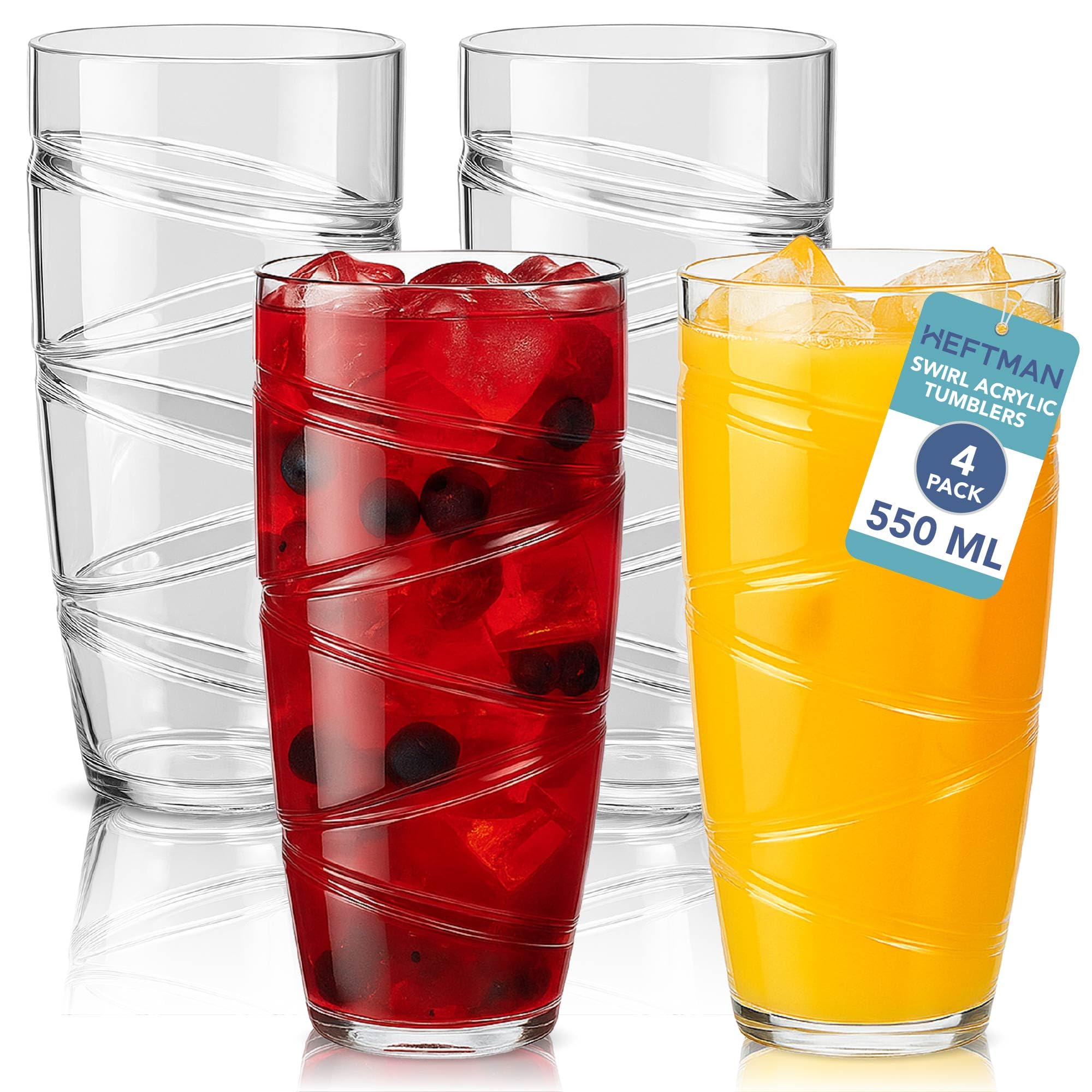 HEFTMAN Plastikbecher 4er-Set - 550 ml Acryl-Trommelgläser mit Wirbel-Design - wiederverwendbare Kunststoffgläser für Garten, Picknicks, Camping, Grillabende, Partys - 4 Stück (Klar)