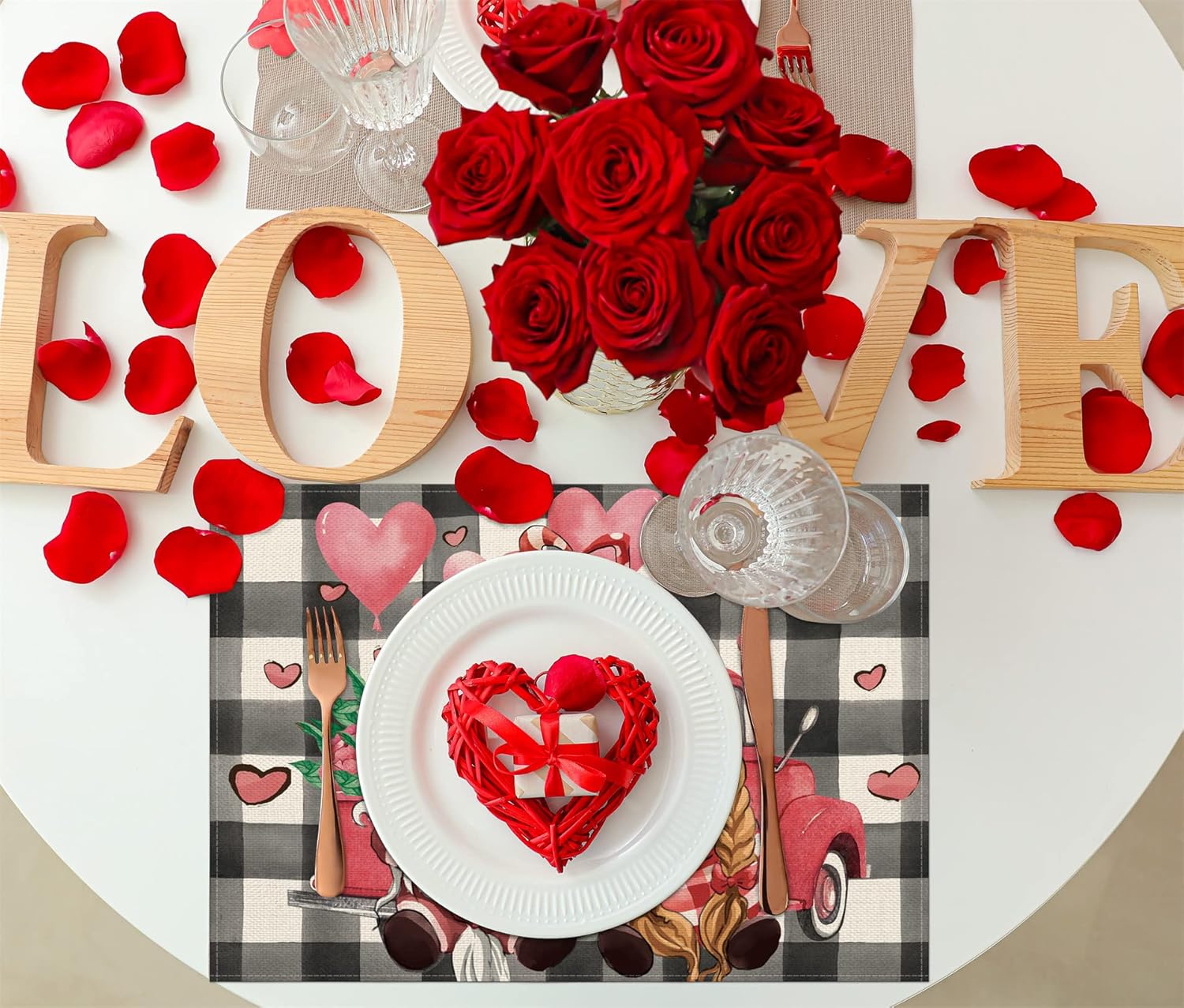 Valentines Day Gnomes Placemats Set of 4,12x18 Inch Buffalo Plaid Gnomes with Love Hearts Truck Heat-Resistant Place Mats,Anniversary Wedding Table Decors for Farmhouse Kitchen Dining Party : Home & Kitchen
