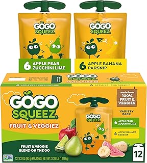 GoGo squeeZ Fruit & veggieZ Applesauce and Puree Variety Pack, Apple Pear Zucchini Lime/Apple Banana Parsnip, 3.2 oz (Pack of 12), Unsweetened Snacks for Kids, BPA Free Pouches