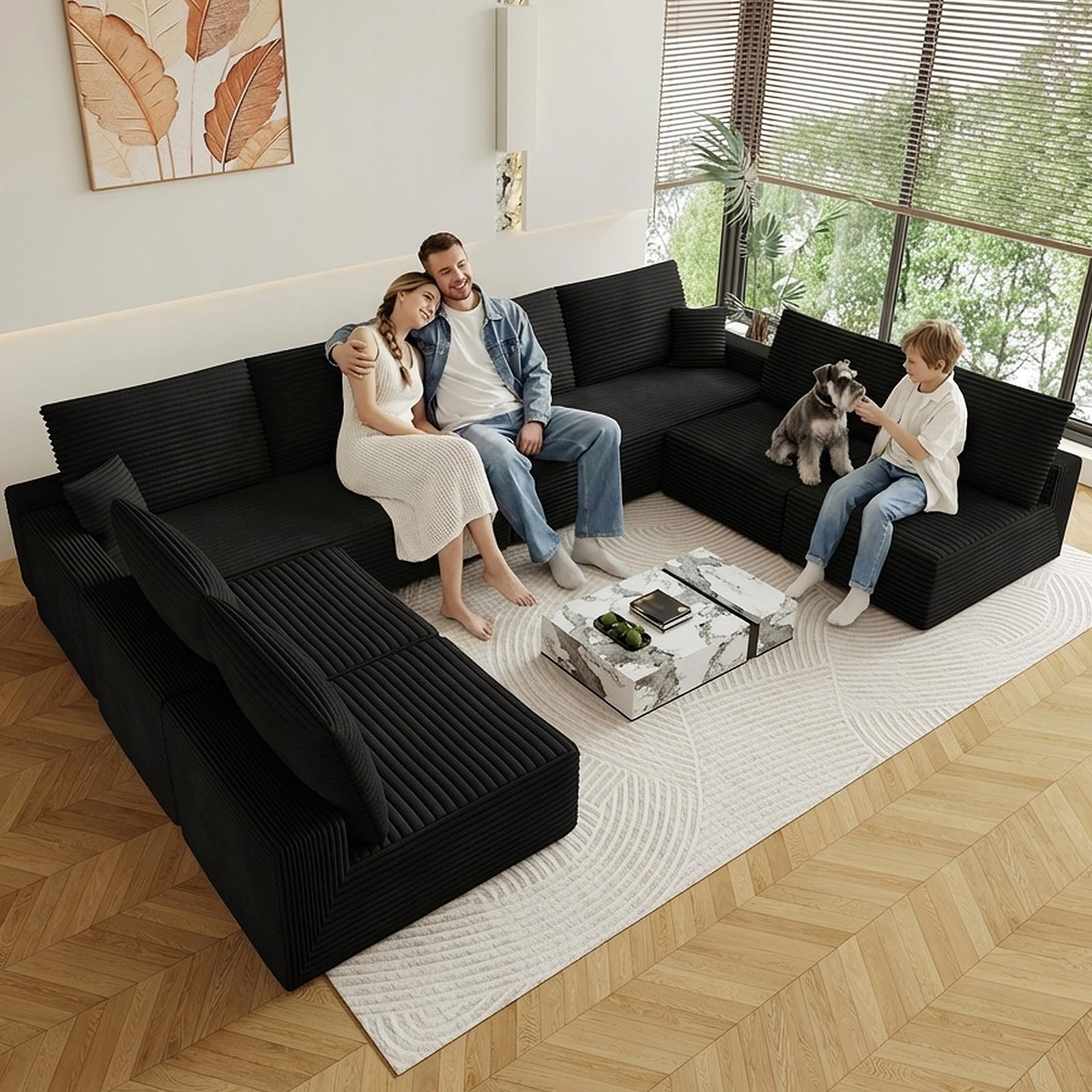 Oversized Modular Sectional Sofa Couch, Large 8 Seater Corner Sofa Modern U Shaped Sectional Couch Cloud Couches for Living Room, Office, Spacious Space, Corduroy, No Assembly Required, Black