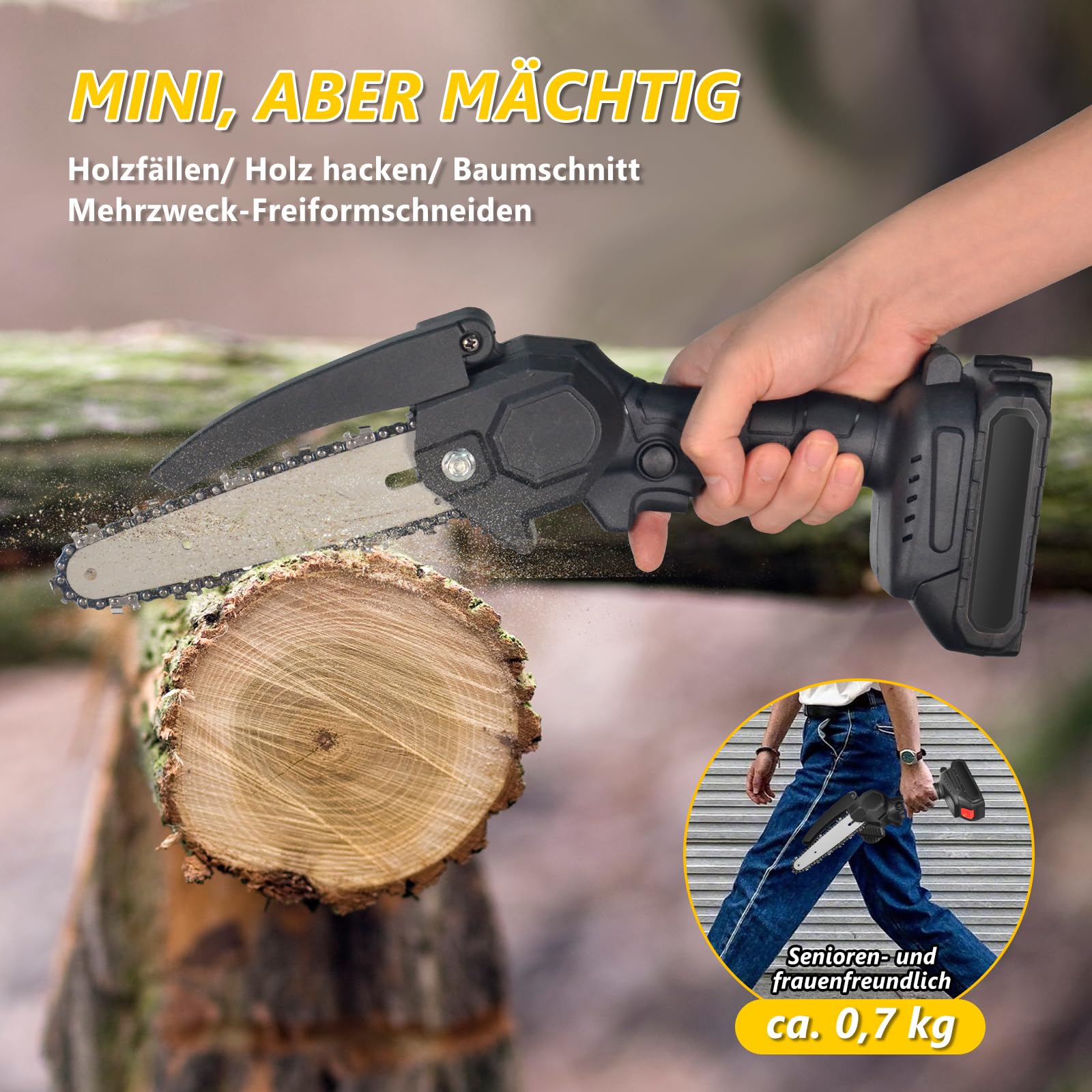 AIOMEST Mini Motosierra Bateria 8000mAh, 6 Pulgadas Motosierra Eléctrica 2 Baterías de Gran Capacidad y 2 Cadenas, Podar Arboles Motosierra de Mano Mini Motosierra Pequeña Para Jardin