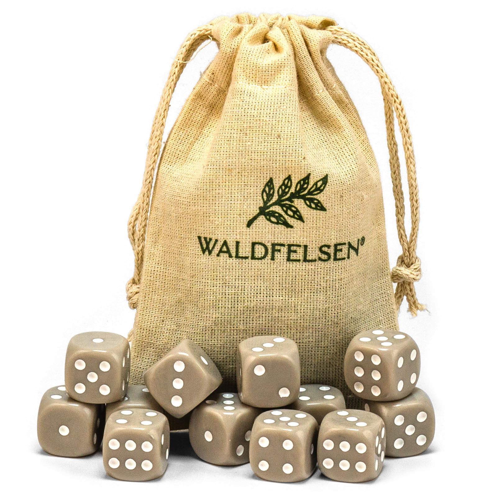 Waldfelsen® High-Quality Dice 6, 12, 20, 30 or 50 Standard Size 16 mm Acrylic Dice Puzzle Play Cube Dice 6-Sided Six Sided Play Accessories Set with Fabric Bag (Grey, 12 Pieces)