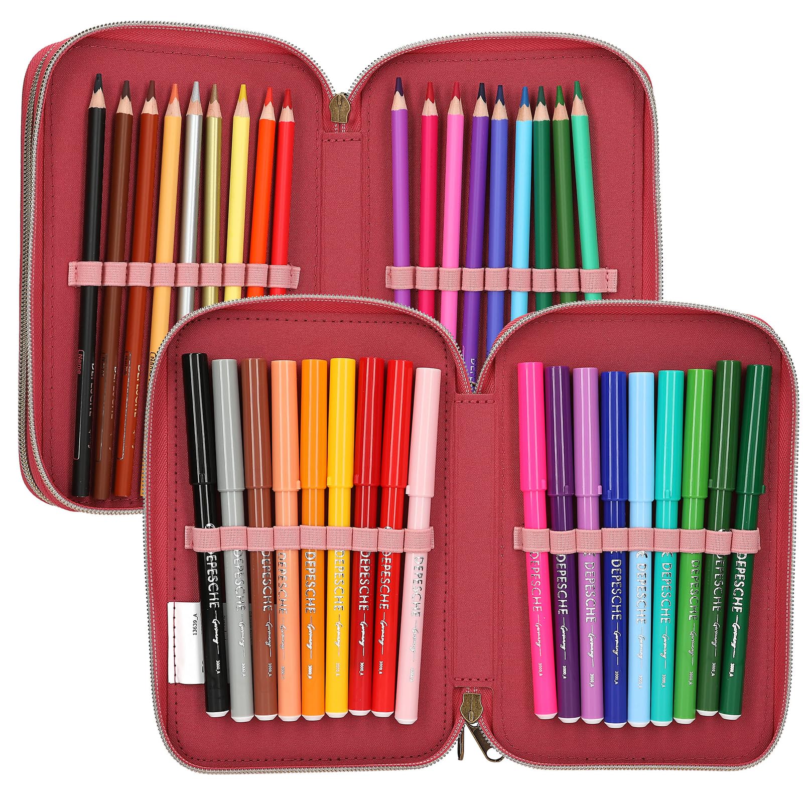 Depesche 13639 TOPModel Leoheart - Astuccio a 3 Scomparti in Rosa e Rosso, con Motivo Modello e Stampa Leo, Astuccio con matite Colorate, Forbici, Righello e Molto Altro.