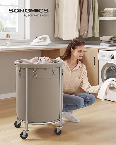 Miniatura 2 de SONGMICS Cesta de lavandería con ruedas, cesta de lavandería rodante, 45 Gal., Carrito de lavandería redondo con marco de acero y bolsa extraíble, 4