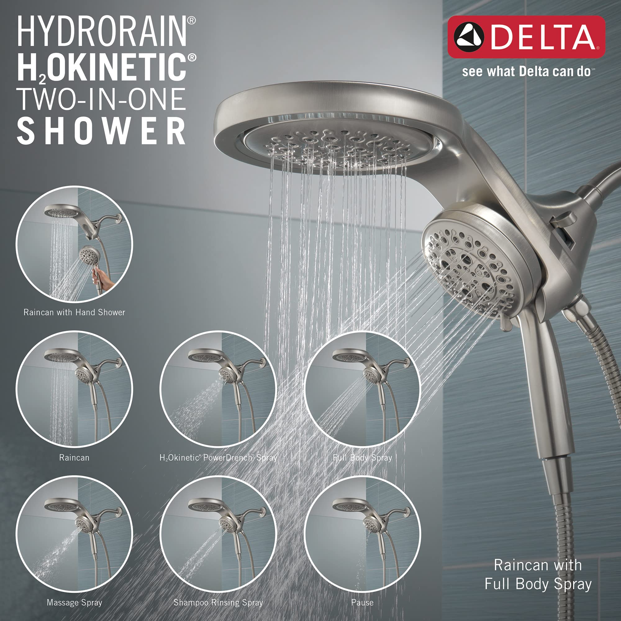 Delta Faucet HydroRain 5Spray Dual Shower Head with Handheld Spray, Brushed Nickel