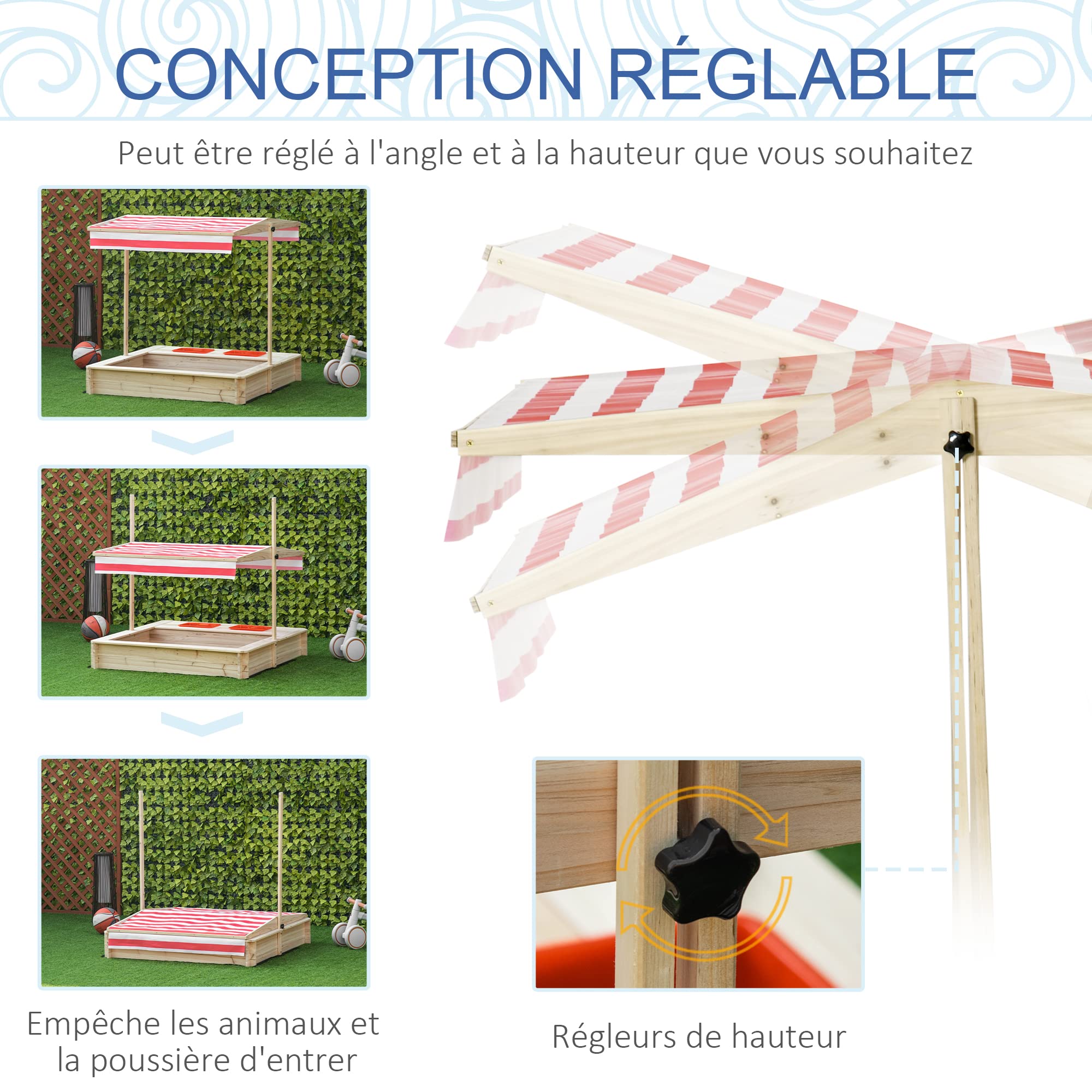 Outsunny Bac à Sable Bois carré dim. 1,18L x 1,18l x 1,18H m - Hauteur, Inclinaison Toit réglables, refermable - 2 bacs - Bois Sapin Autoclave