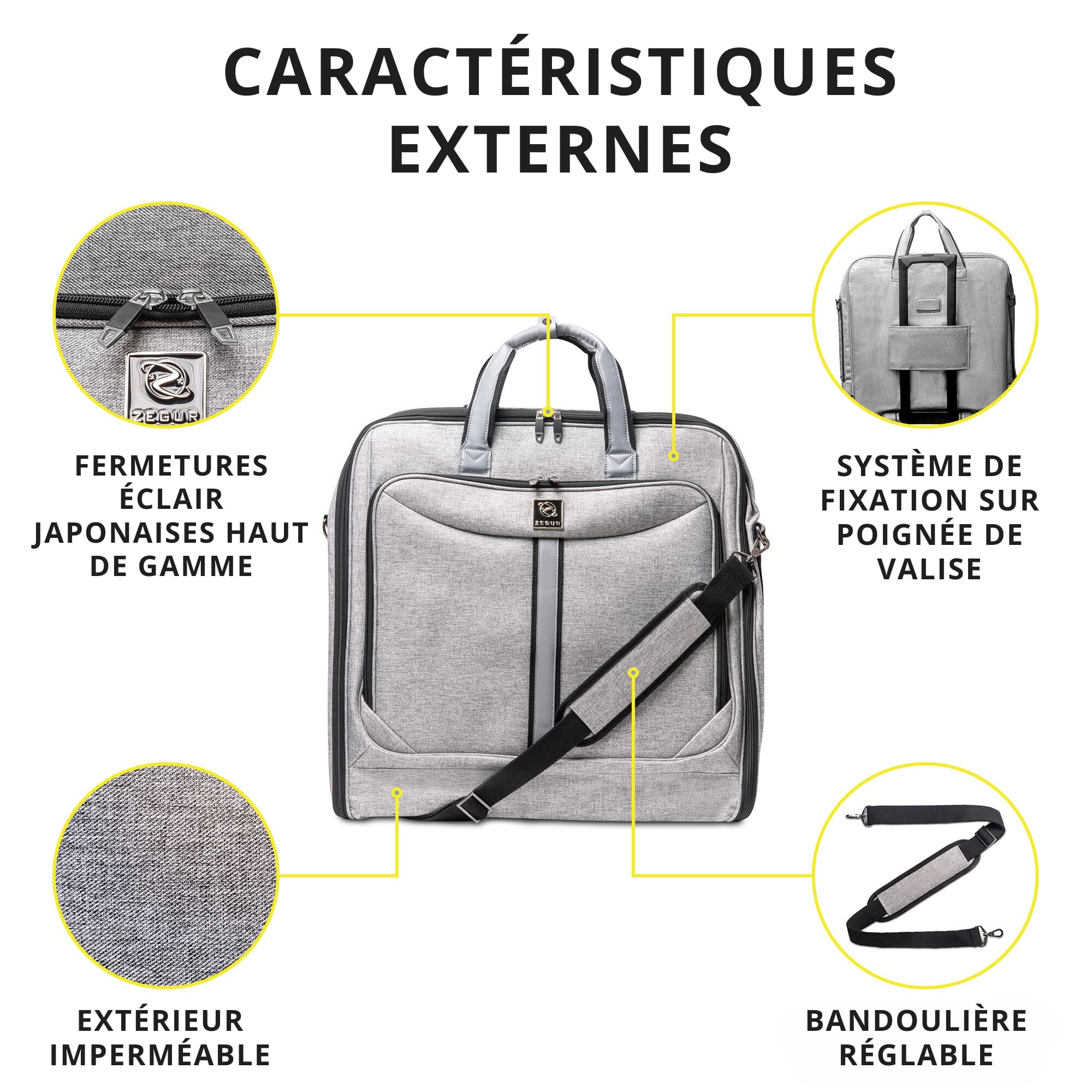 Housse à vêtements 3 Costumes Zegur de 1 mètre pour Voyage d’Affaires ou d’agrément - Possède Une bandoulière réglable et de Nombreuses Poches de Rangement