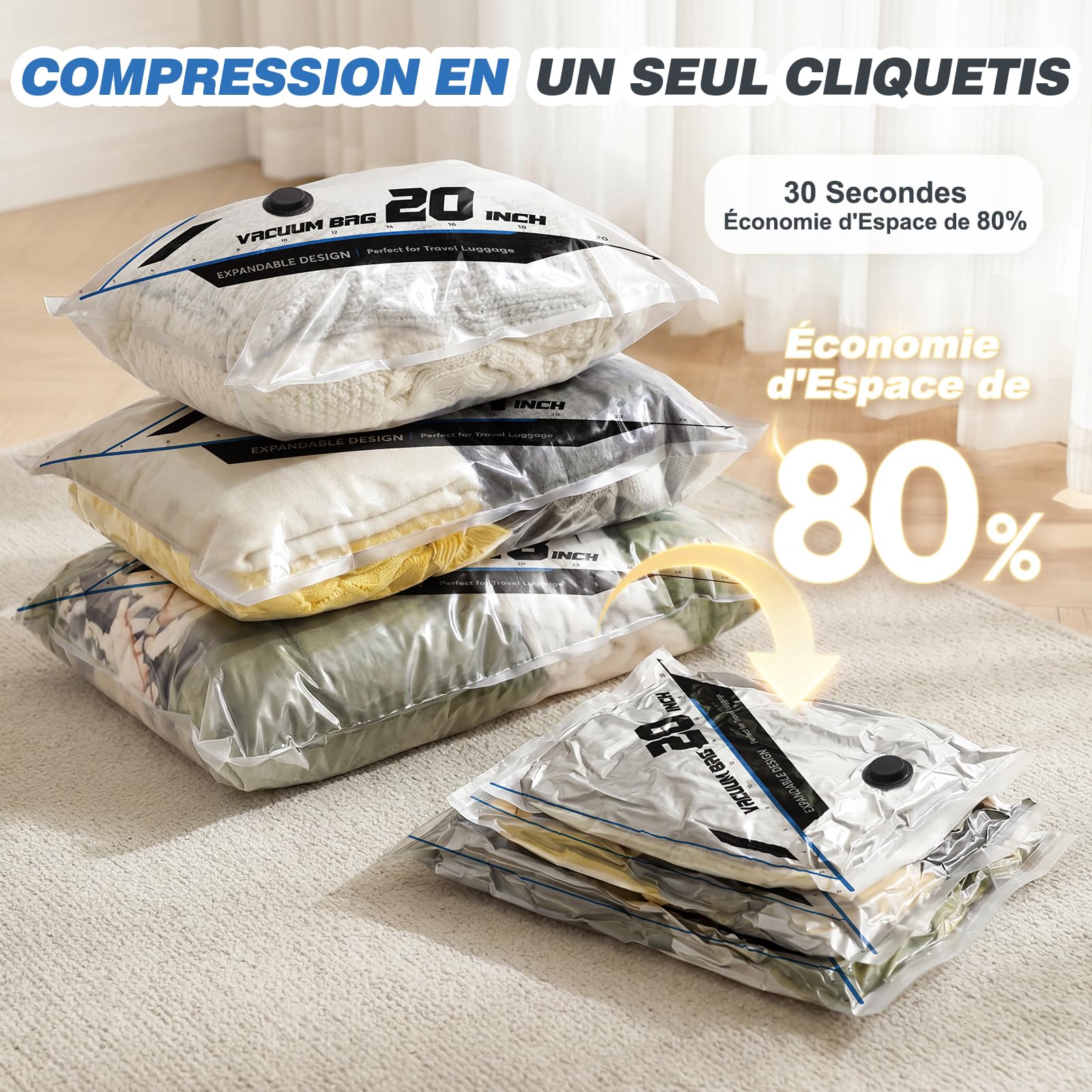 Bolsas de vacío para ropa, viajes, bolsas de vacío, bolsas de ropa, bolsas de vacío con bomba inalámbrica, 15 unidades (6 x 40 x 50 cm, 5 x 40 x 60 cm, 4 x 50 x 70 cm), polietileno y PA herméticas