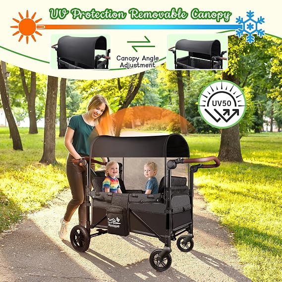 2-Seater Wagon Stroller | All-Terrain Foldable Aluminum Stroller Wagon with Extension, Detachable Canopy, Convertible Seats, Adjustable Push Handle, Cup Holder & Removable Snack Tray