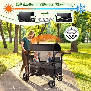 2-Seater Wagon Stroller | All-Terrain Foldable Aluminum Stroller Wagon with Extension, Detachable Canopy, Convertible Seats, Adjustable Push Handle, Cup Holder & Removable Snack Tray
