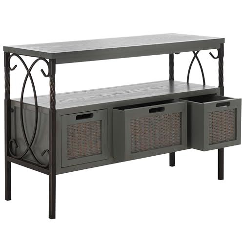 SAFAVIEH Home Collection – Joshua Ash Grey 3-Drawer Console Table with Shelf, Wicker Front Storage Drawers, Farmhouse-Inspired Accent Console for Entryway or Living Room (AMH6532B)