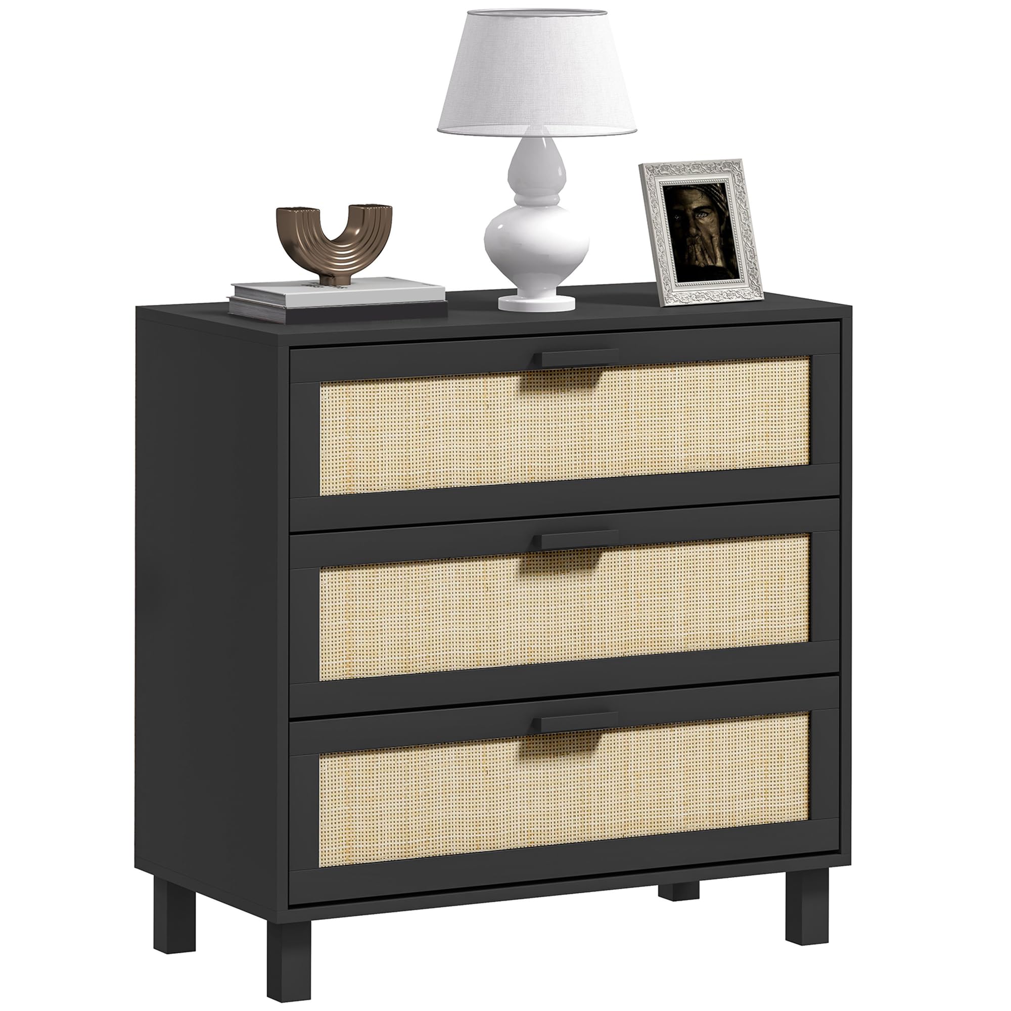 HOMCOM Commode en rotin pour Chambre à Coucher, 3 tiroirs, Commode bohème pour Salon, Couloir, Noir