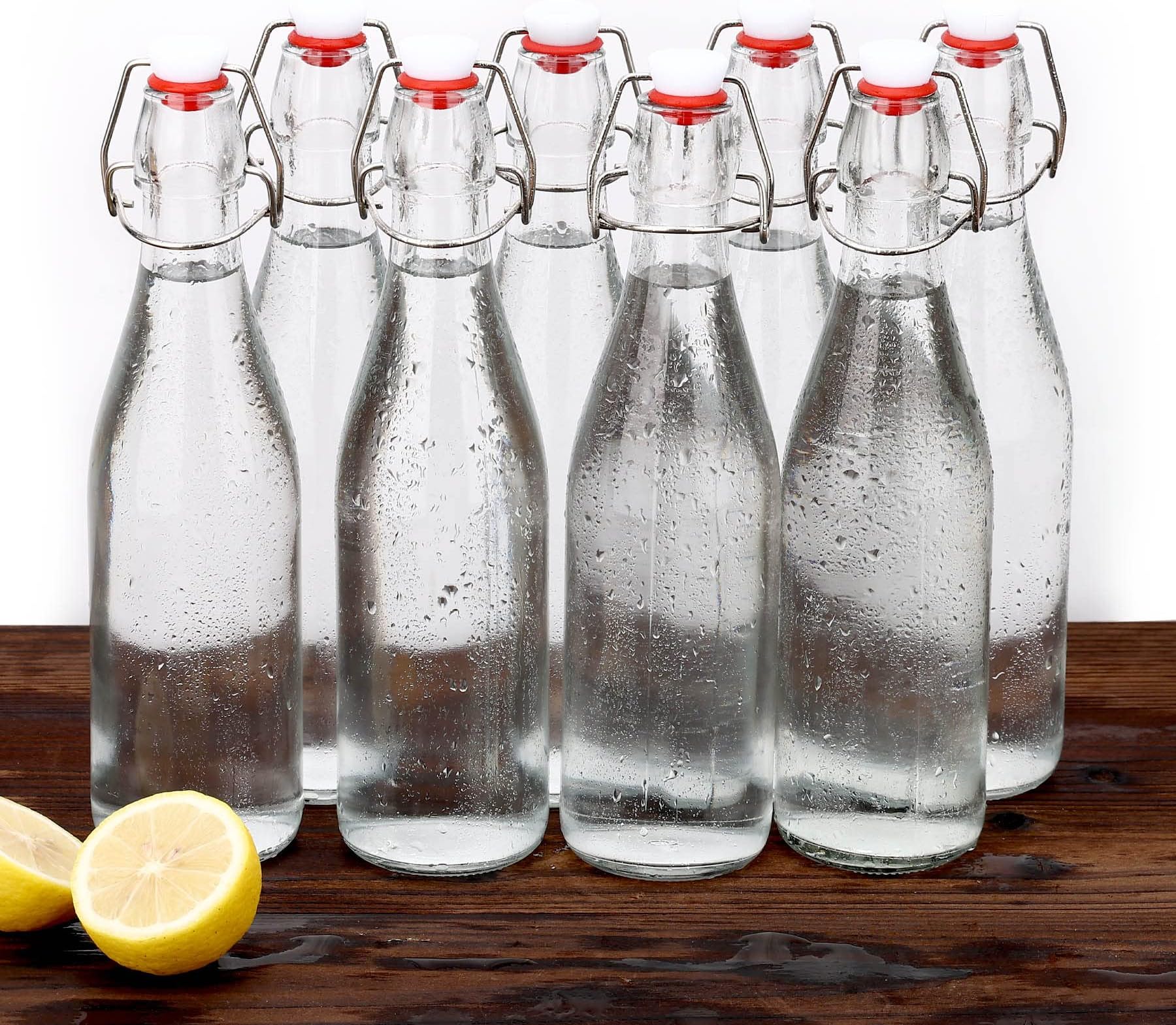 8 Pack, Swing Top Glass Bottles, 16 oz Flip Top Beer Brewing Bottles for 2nd Fermentation, Kombucha, Vanilla Extract, Kefir, Coquito, Juice, Liquor - Airtight Cap Lids, 24 Stick Labels