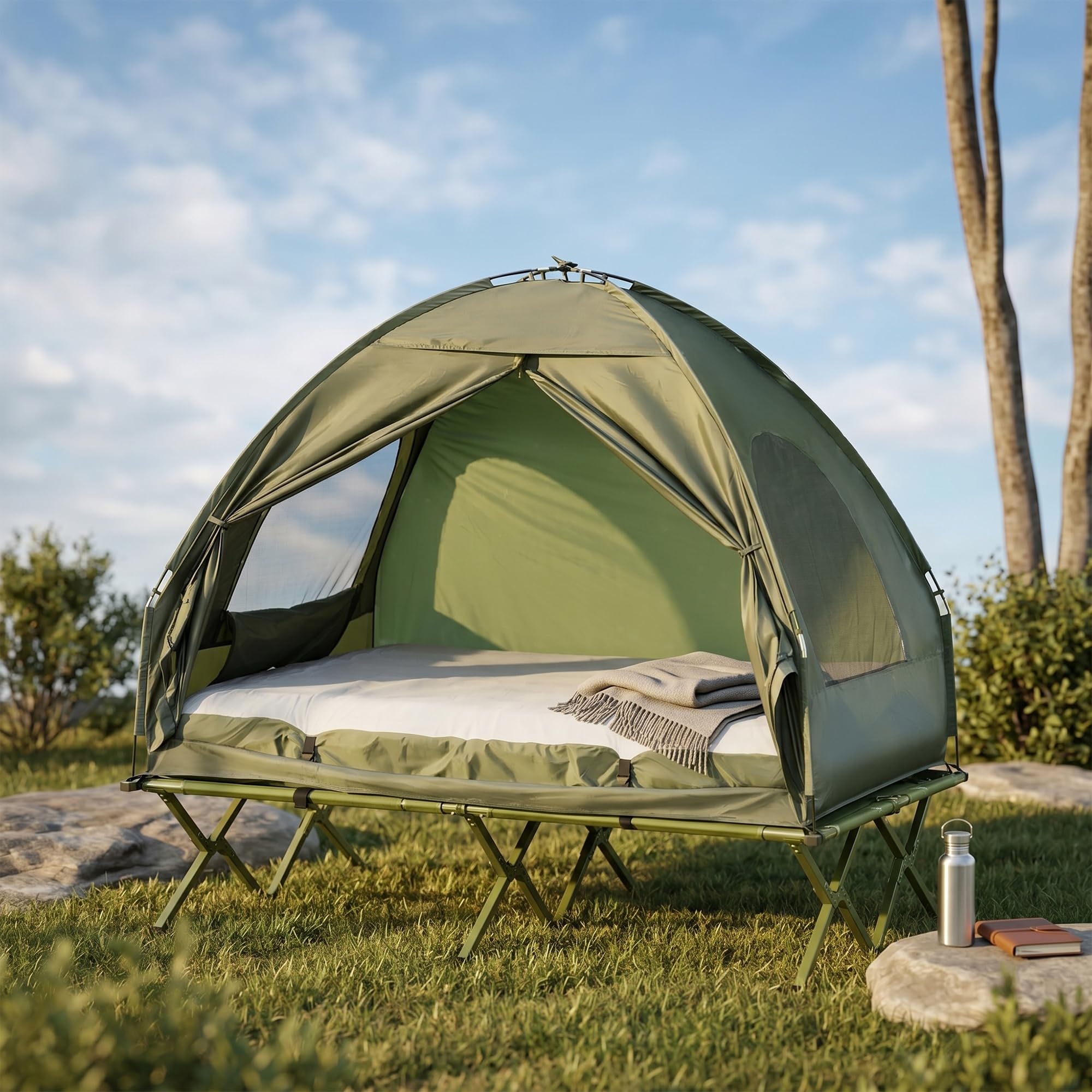 Outsunny Cama Doble de Camping Plegable con Tienda de Campaña 4 en 1 Cama de Campamento Elevada con Colchón Hinchable y Bolsa de Transporte de Tela Oxford 600D Acero 193x145x180 cm Verde