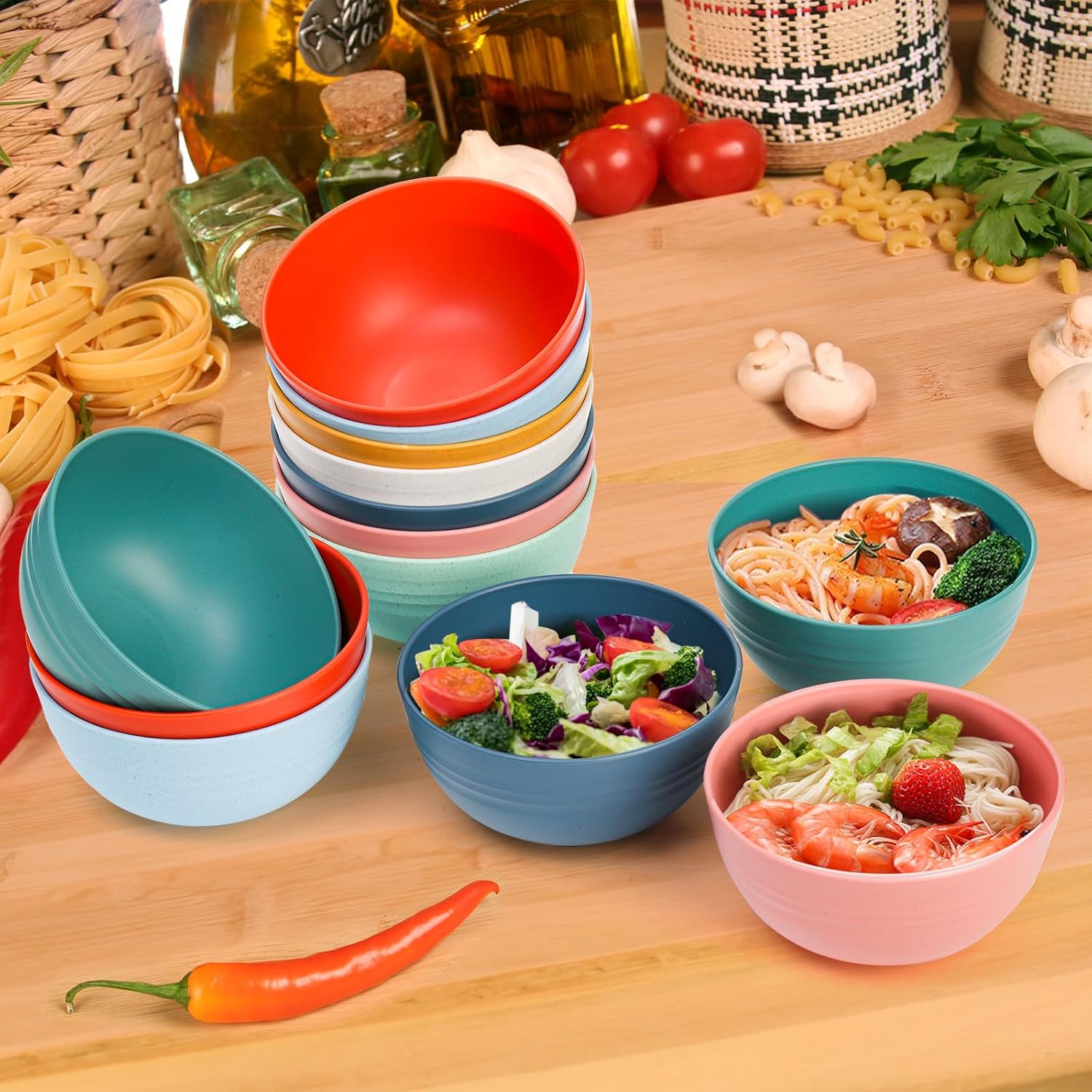 WRINGKIT 24 Pack Cereal Bowl, Unbreakable Wheat Straw Bowls, 26 Oz Soup and Salad Bowl, Lightweight Kitchen Bowl Set, Plastic Bowls for Oatmeal, Ramen, Microwave and Dishwasher Safe