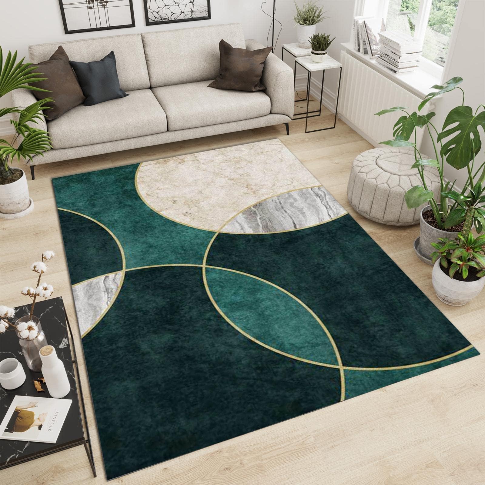 Tappeto Camera da Letto a Marmo Sfumato Verde Smeraldo, Tappeti Design, 120 x 170 cm Tappetone Antimacchia - per Decor del Pavimento del Soggiorno