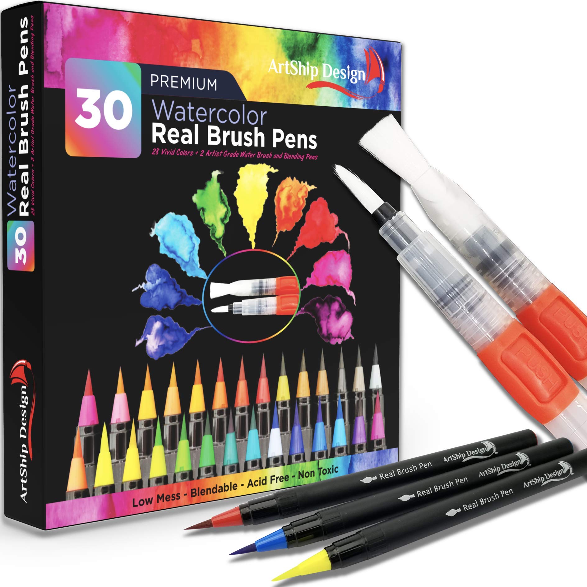 ArtShip Design 30 Watercolor Brush Pens Combo Pack, 28 Colors 2 Water Brushes, Flexible Real Nylon Brush Tips, for Watercolor Painting Calligraphy Coloring, Beginner or Artist, Portable, Low Mess