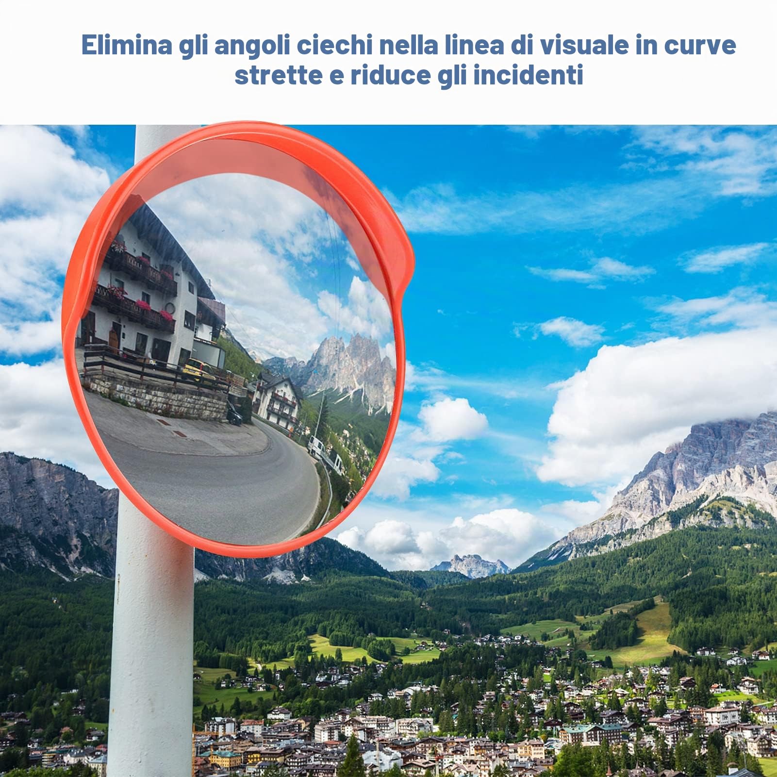 Specchio Convesso di Sicurezza Stradale, 30cm, Circolare, Arancione, con Copertura Antipioggia, per Interni ed Esterni