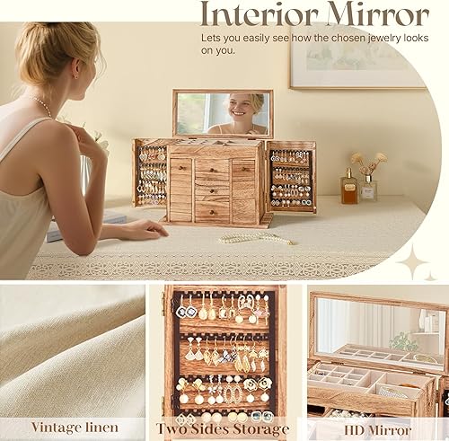 Vista 3 de Joyero organizador, cajas de joyería de madera maciza para mujeres con espejo, caja organizadora de joyas grande para exhibir aretes, collar