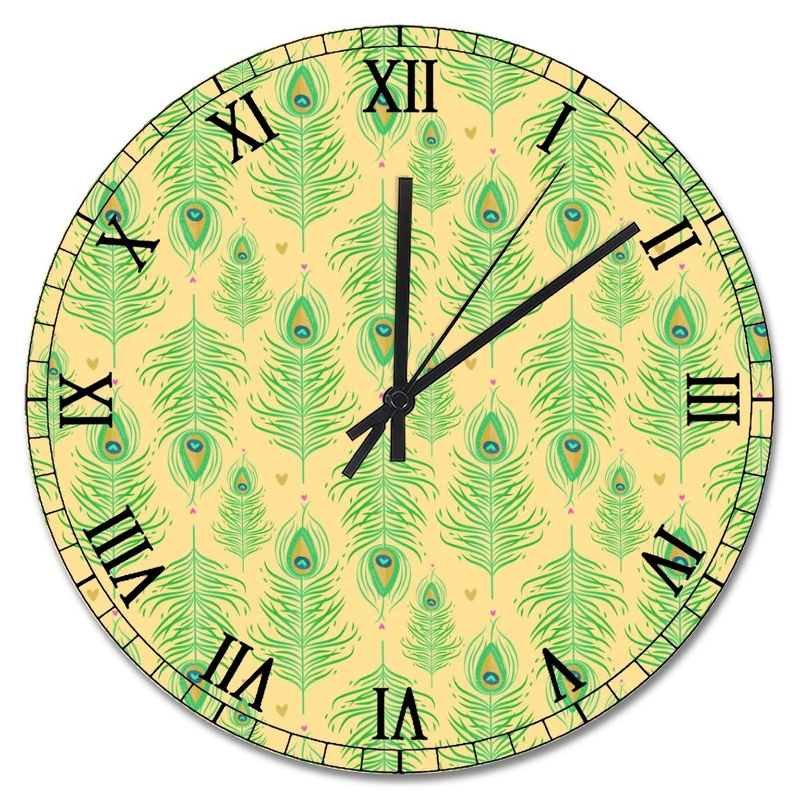 Horloge murale vintage bois plumes de paon bleu orange à piles