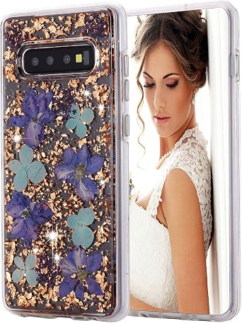 Galaxy S10+ Plus Case, Women Luxury Fashion Natural Flower Glitter Foil Sparkle Hard Back Cover with Clear TPU Bumper Protective Phone Bling Case for Samsung Galaxy S10+ 6.4 Purple Flowers