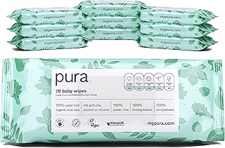 Pura - Salviette Non Lavabili 700 (10 Confezioni da 70 Salviette), 100% senza Plastica, Biodegradabili, 99% Acqua, Aloe Vera Vegana Biologica, Adatte per Pelli Sensibili, Approvate dall’Ostetrica