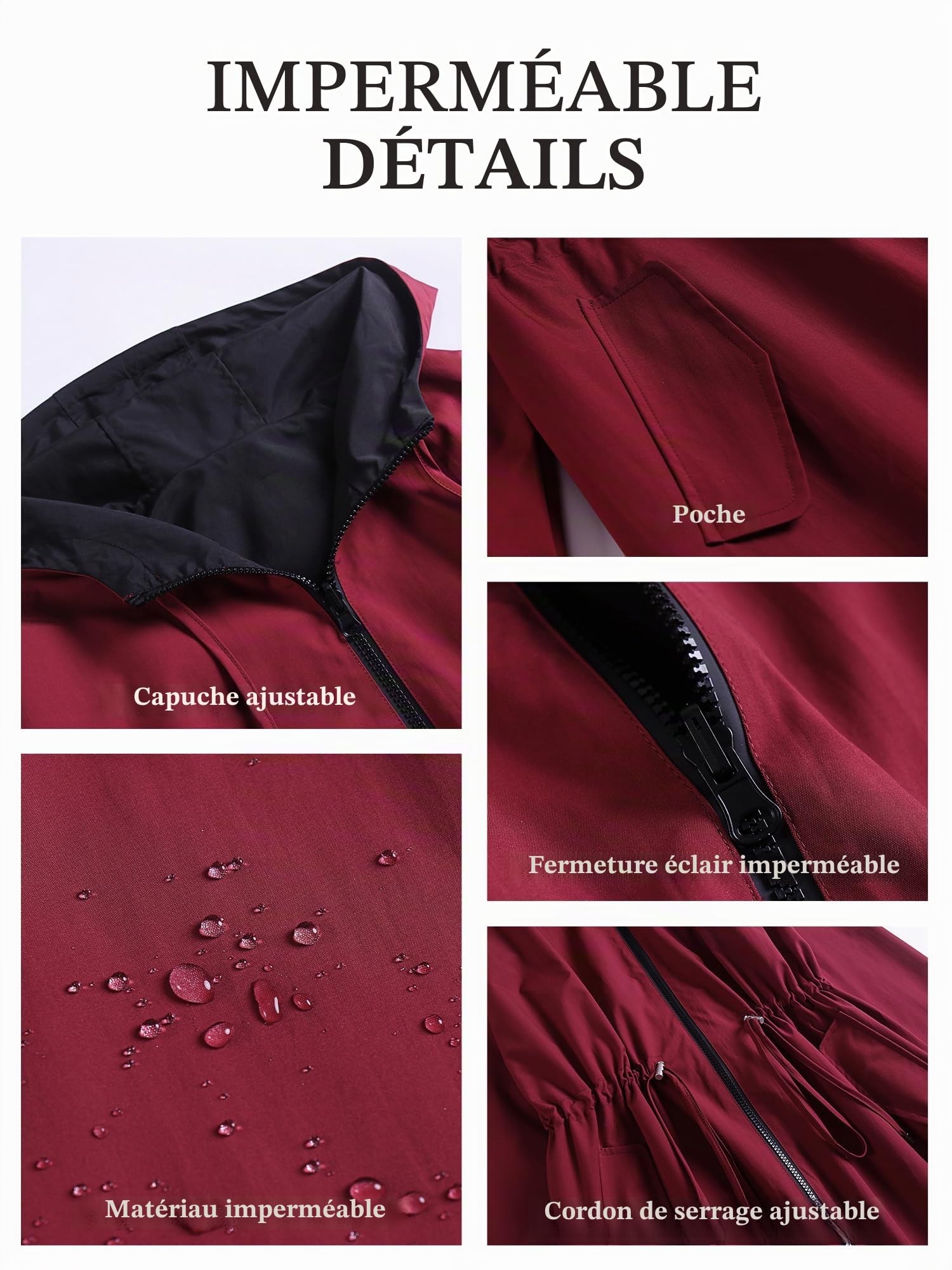 Veste de pluie pour femme - Grandes tailles - Réversible - Léger - Coupe-vent - Imperméable - Avec capuche - Veste de sport d'extérieur