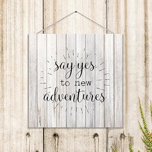 Miniatura 3 de Letrero de madera rústica para decoración del hogar, con texto en inglés "Say Yes to New Adventures", aspecto envejecido, letrero decorativo de casa