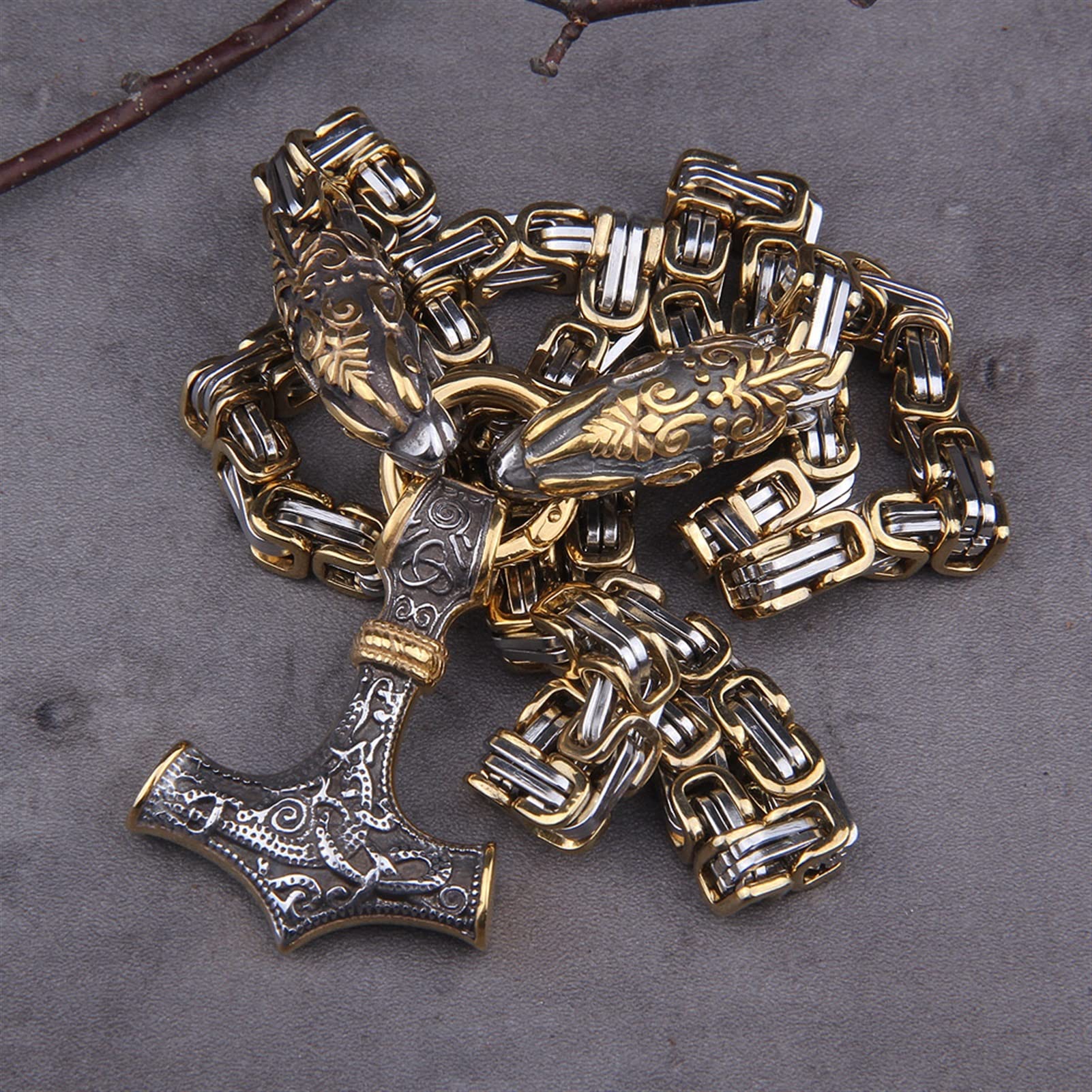 Männer Edelstahl Drachenkopf Norse Wikinger Hammer Anhänger Halskette als Männer Geschenk mit Holzkiste Ketten für Herren (Length : 50cm, Metal Color : Photo Style 1)