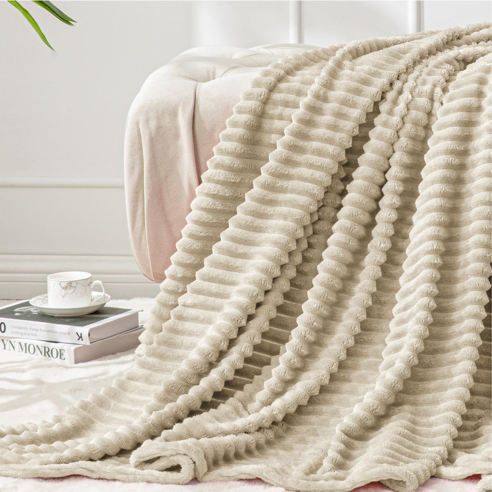 BEDELITE 3D Ribbed Linen Color Fleece Throw Blanket for Couch, 50x70 Inch | Soft Warm Decorative Fluffy Blanket, Cozy Plush Lightweight Fuzzy Throw Blanket for Bed Sofa Home Room Decor, Gift for Women