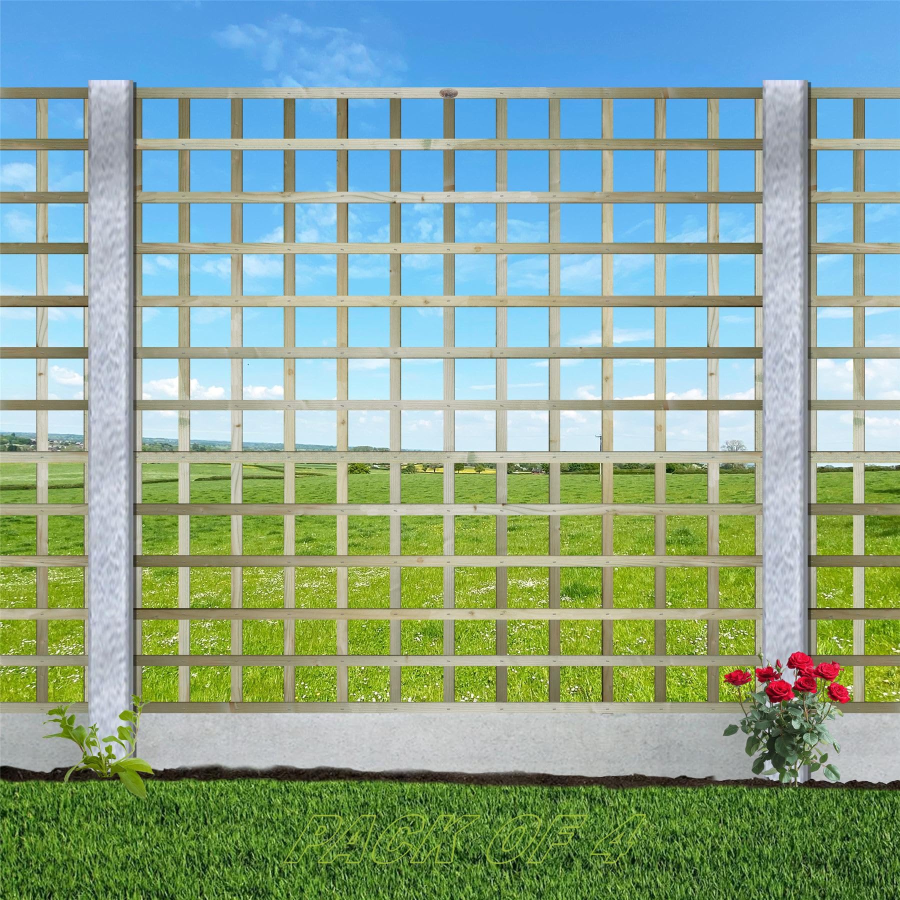 Standard Square Flat Top, 6ft x 6ft (4 Pack) Wooden Garden Fence Trellis Panel | Decorative Fencing for Screening Divider, Pergola, & Boundary Wall Lattice (Wide: 182cm x High: 180cm)