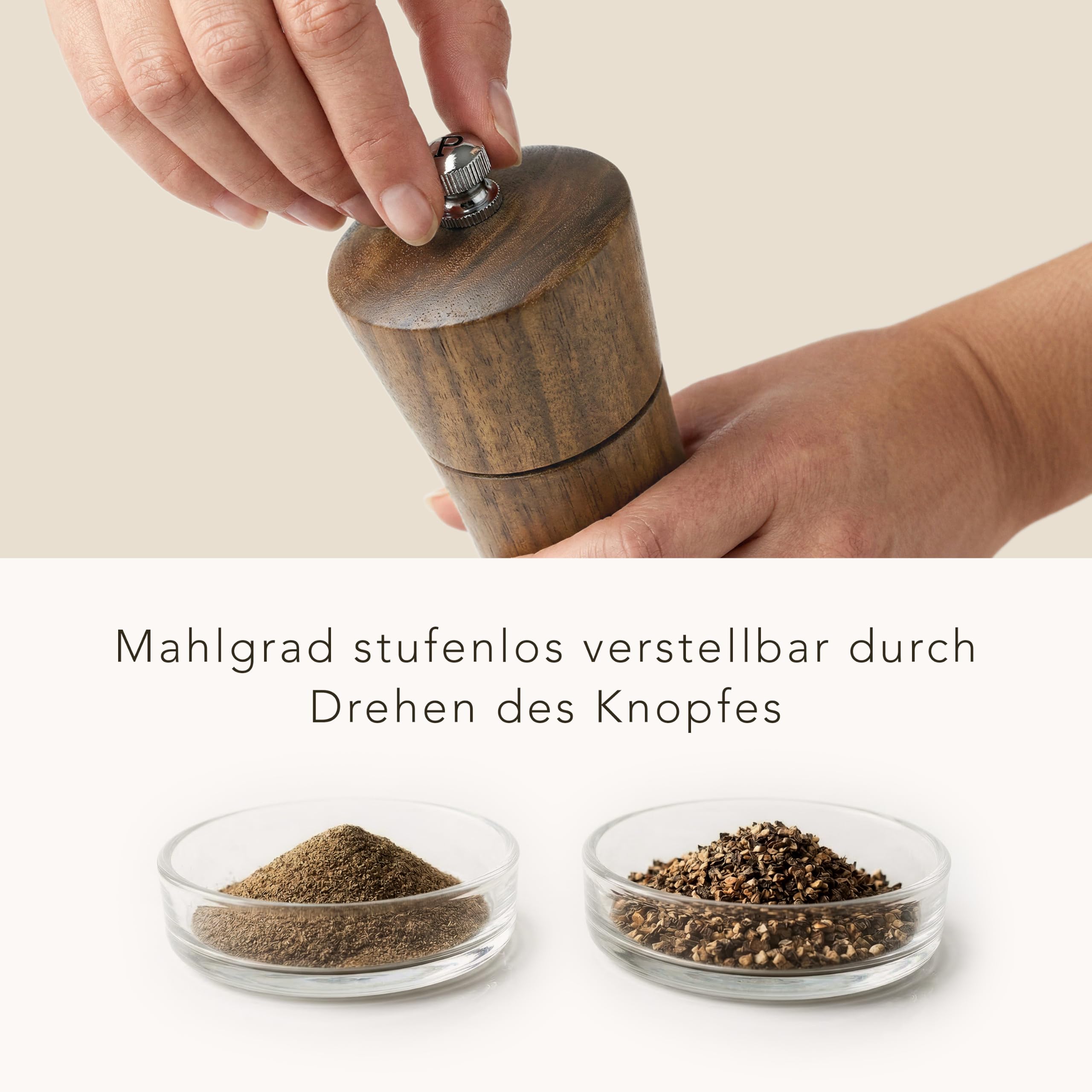 ElbFuchs Salz und Pfeffermühle Holz Set aus Akazienholz mit Untersetzer, 2 große Gewürzmühlen stufenlos verstellbar, Hochzeitsgeschenk für Brautpaar, Einzug und Hölzerne Hochzeit