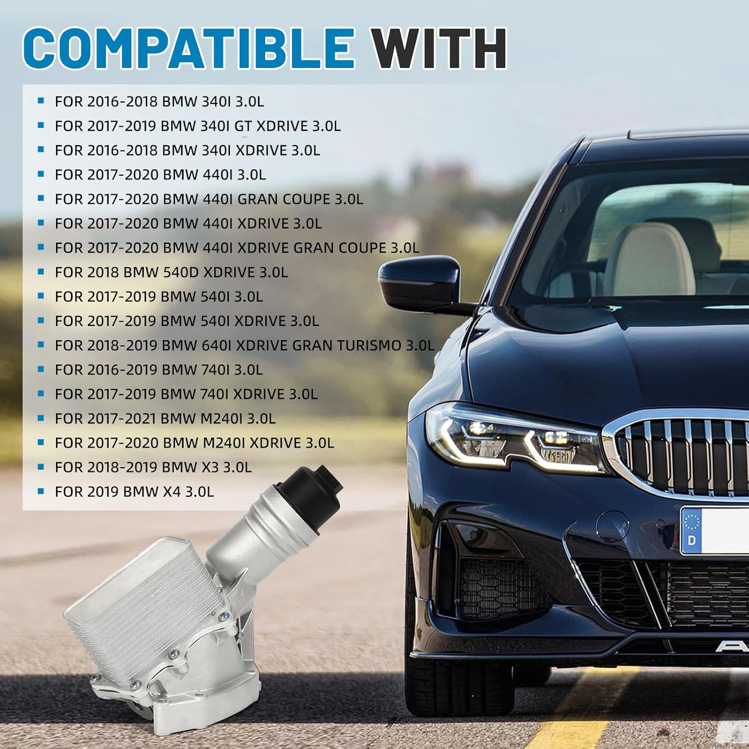 11428583895 Aluminium Engine Oil Cooler Filter Housing Assembly Compatible with 2016-2021 BMW 340i 440i 540d 540i 640i 740i M240i X3 X4 3.0L Replace# 11428511391
