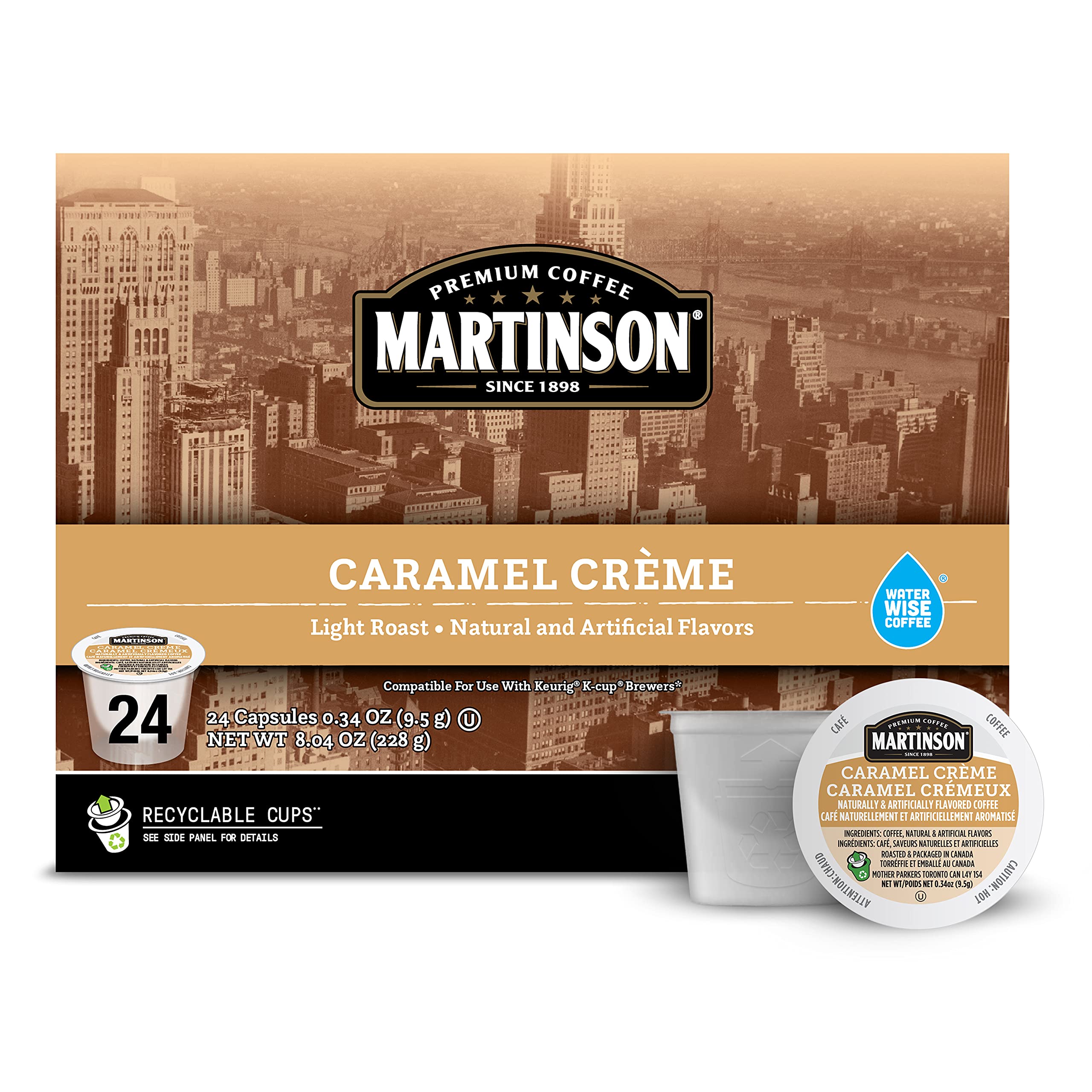 Martinson Caramel Crème Flavored Coffee, Light Roast, Keurig K-Cup Brewer Compatible Pods, 24 Count (Pack of 1)