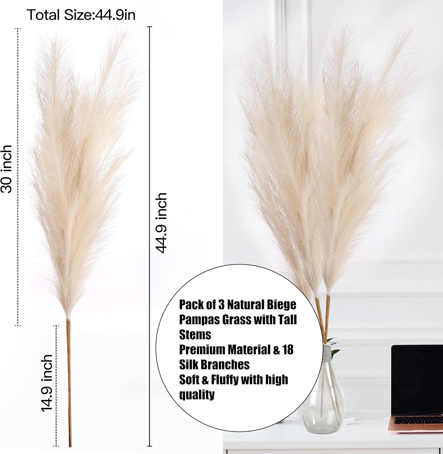 Buy Sggvecsy Artificial Pampas Grass 45’’ Faux Pampas Grass Large Tall Fluffy Stems Fake Pampas