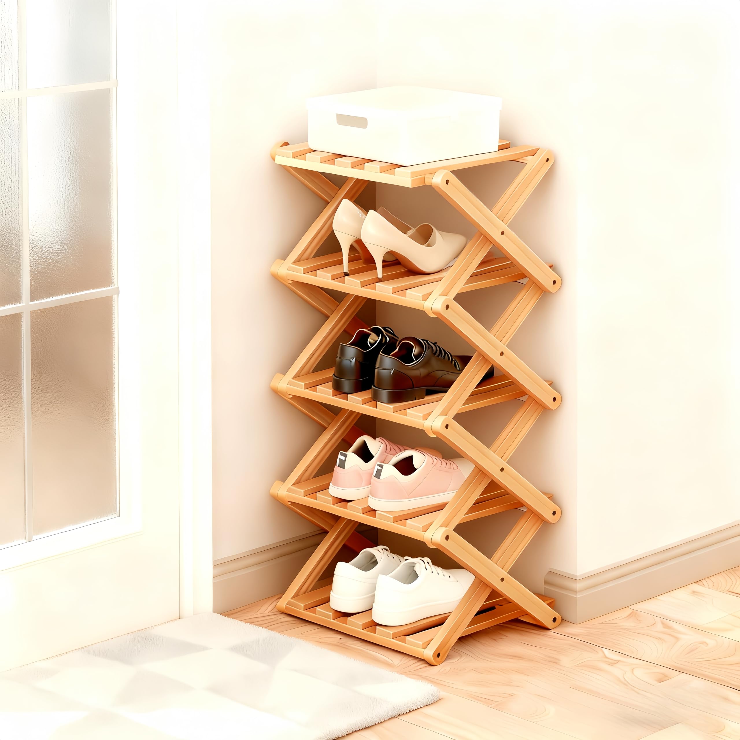 YIHHOW Bamboo Foldable Shoe Rack Small, Easy Assembly Vertical Folding Wooden Shoe Racks Storage For Narrow Space
