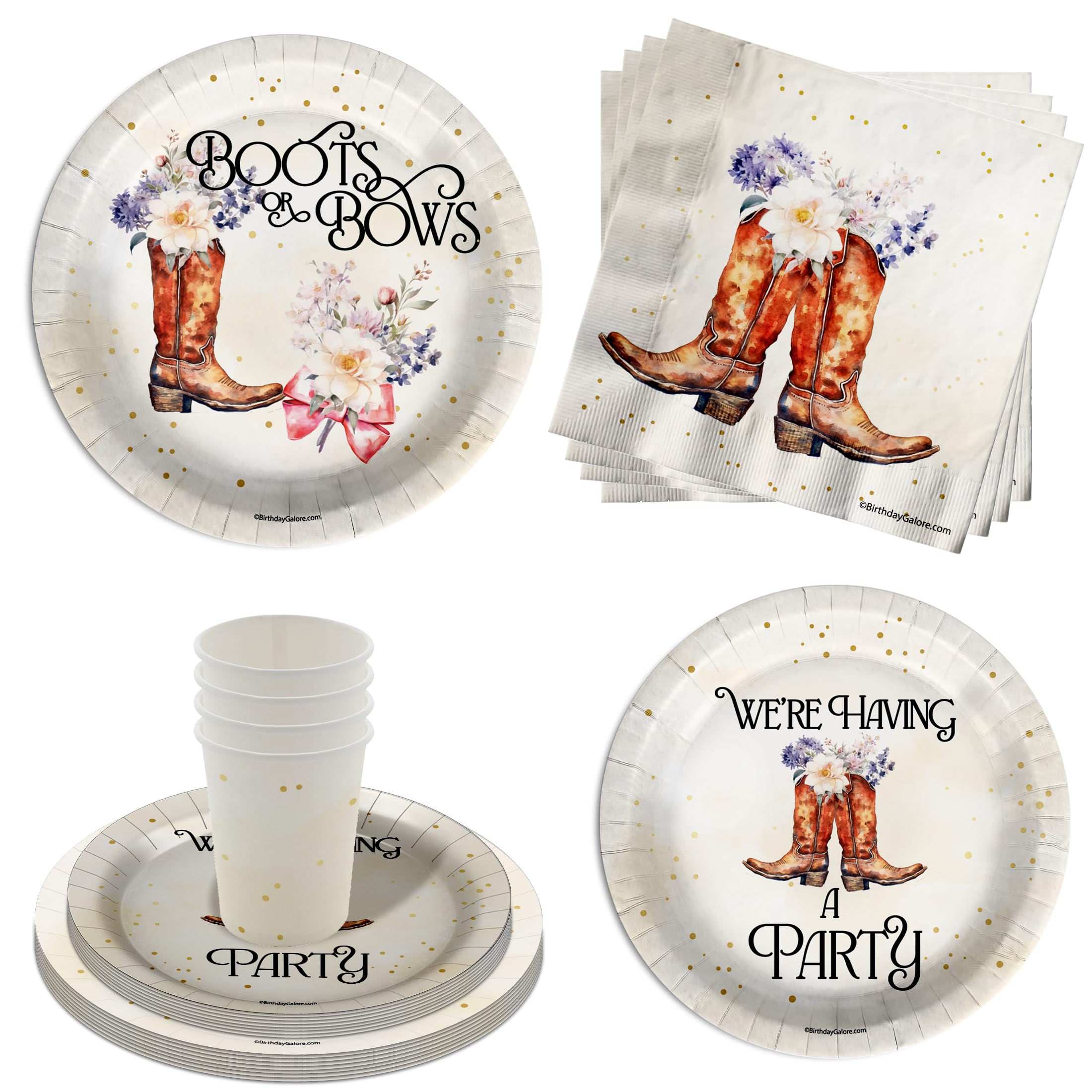 Boot or Bows Gender Reveal Party Supplies - 64 Piece Gender Reveal Tableware Set Includes Large 9" Dinner Plates and 8" Dessert Paper Plates Napkins