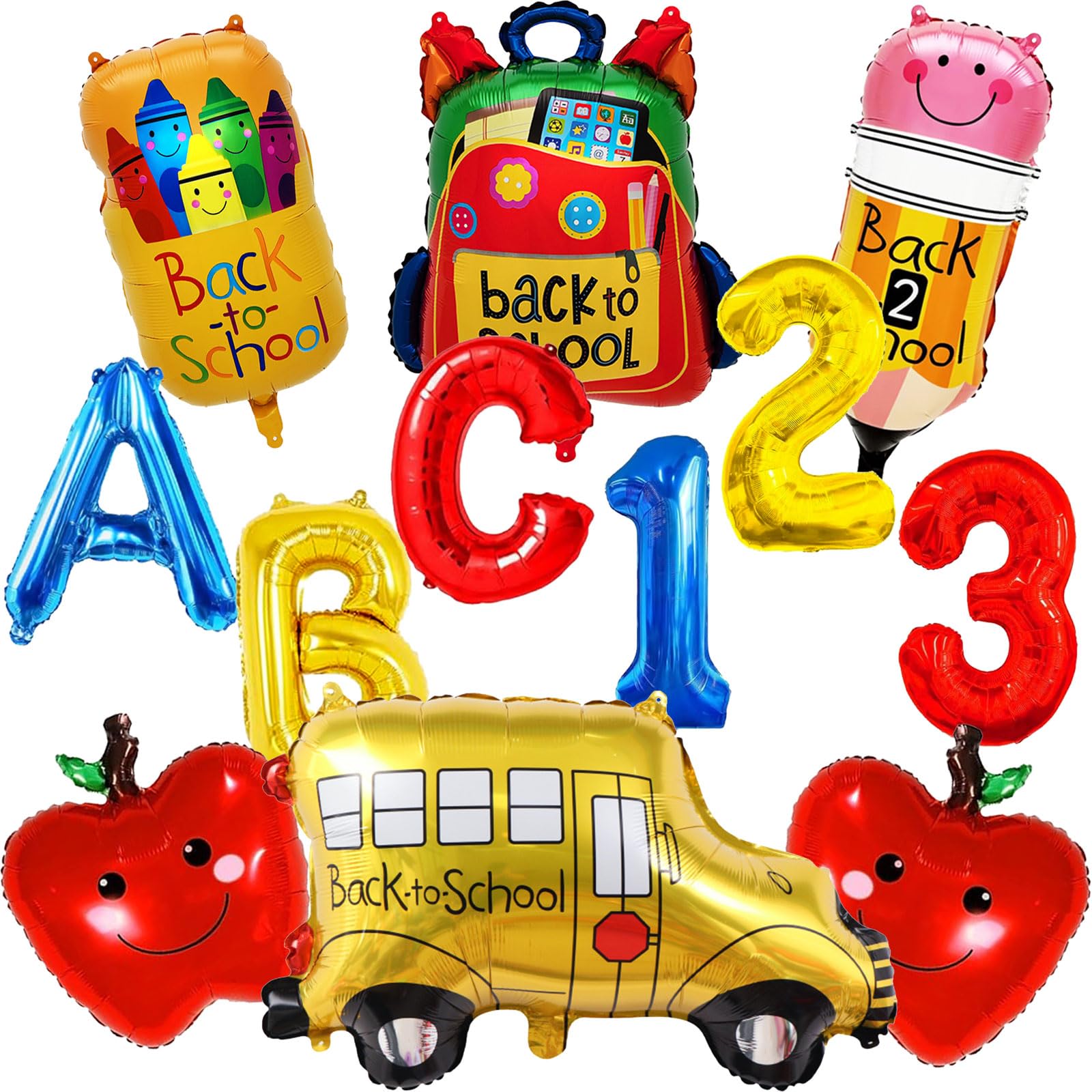 Photo 1 of 12Pcs Back to School Balloons - 28 inch Welcome School Bus Balloon for First Day of School Decorations - Pencil Apples Crayon Foil Mylar Balloons for Welcome Back to School Party Decorations