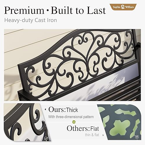 Miniatura 3 de Sophia & William Banco para exteriores, banco de jardín de metal, bancos de parque de hierro fundido para exteriores con respaldo de diseño floral,