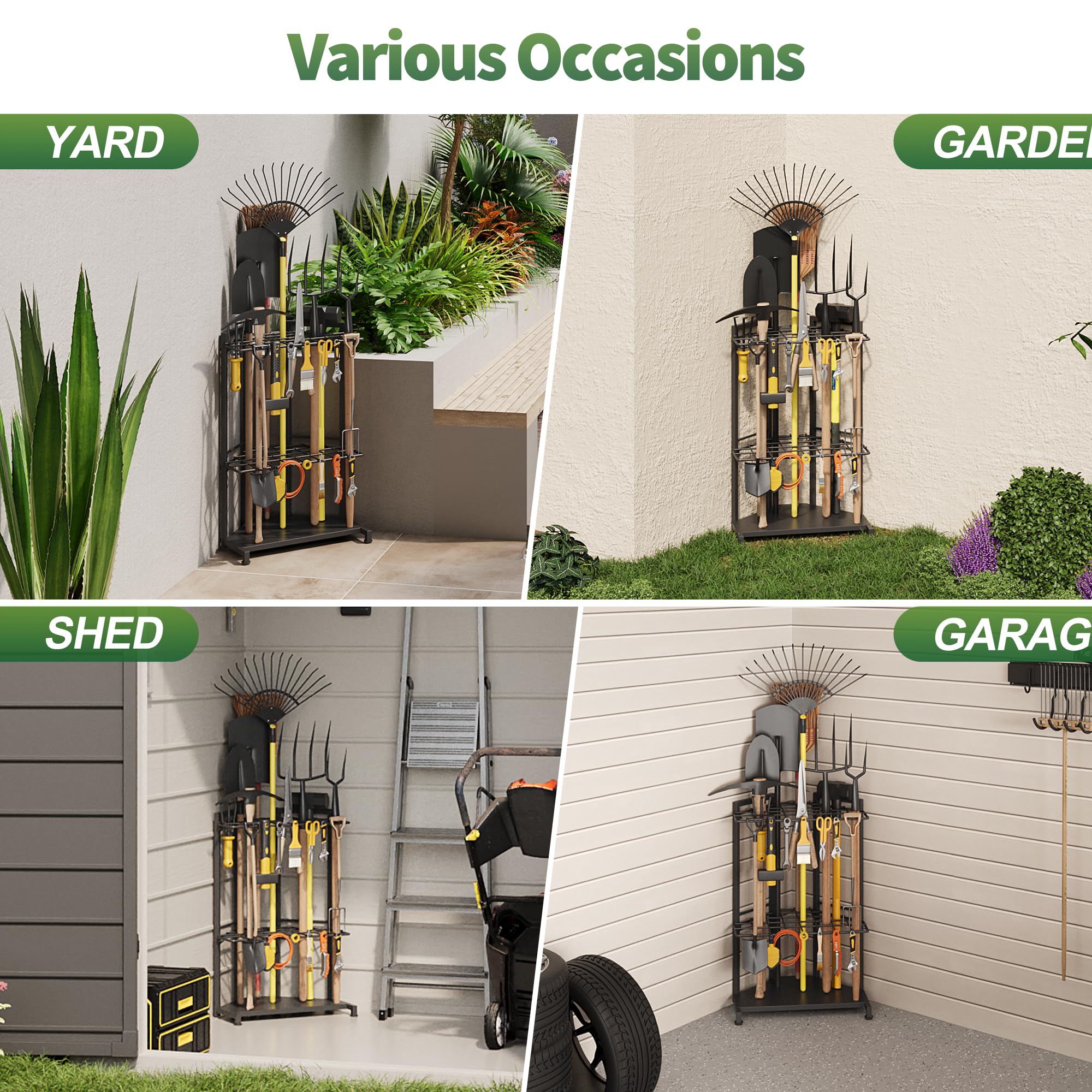 Organiseur d'outils de jardin pour coin – Support en métal robuste avec 34 compartiments de rangement et 14 crochets pour pelles, râteaux, outils à long manche, idéal pour le jardin, l'abri de jardin