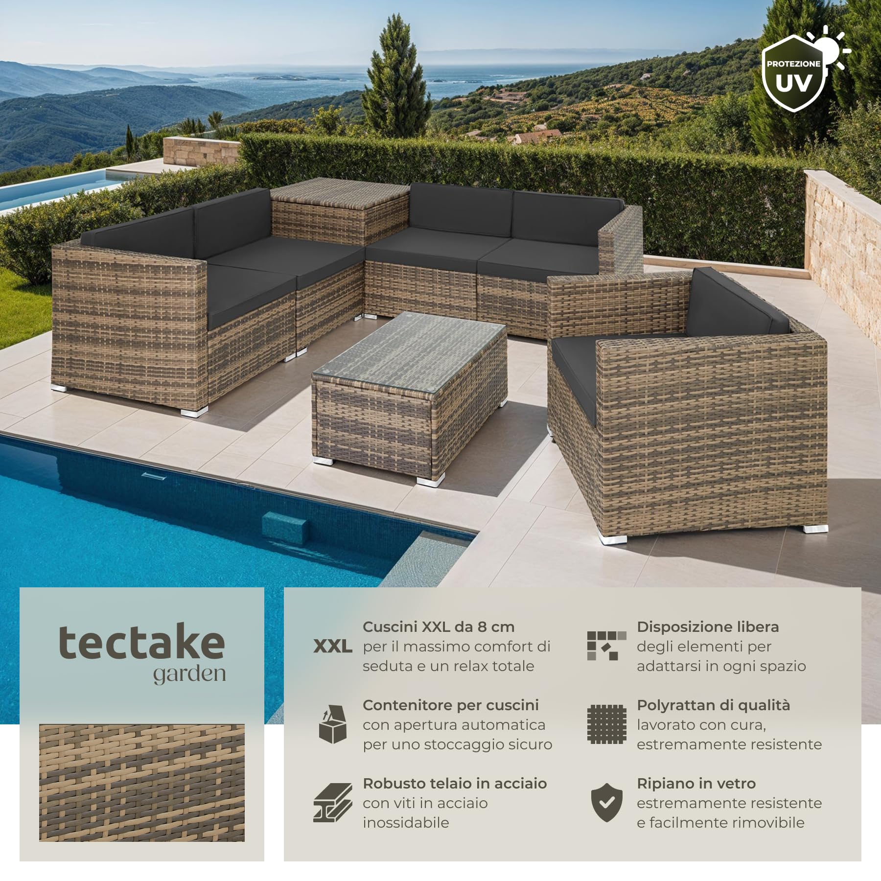 tectake® Salottino in Rattan XXL, Componibile, Contenitore Custodia, Poltrona Giardino, Set Balcone, Tavolo Sedie Esterno, Design Accurato, Versatile, Confort Massimo, Facile Pulizia - Naturale